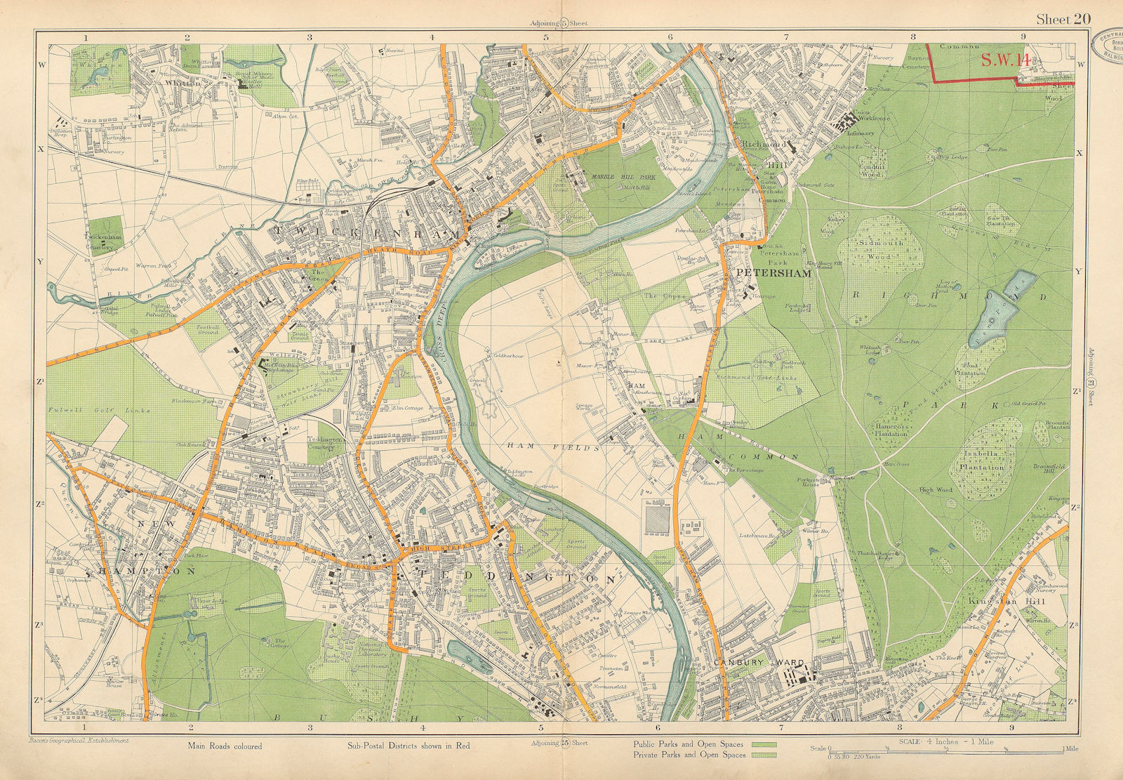 Associate Product TWICKENHAM TEDDINGTON Petersham Richmond Hill/Park Ham Kingston. BACON 1934 map