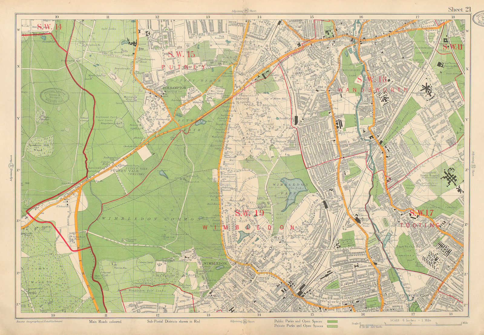 Associate Product WIMBLEDON. Tooting Putney Wandsworth Richmond Park Roehampton. BACON 1934 map