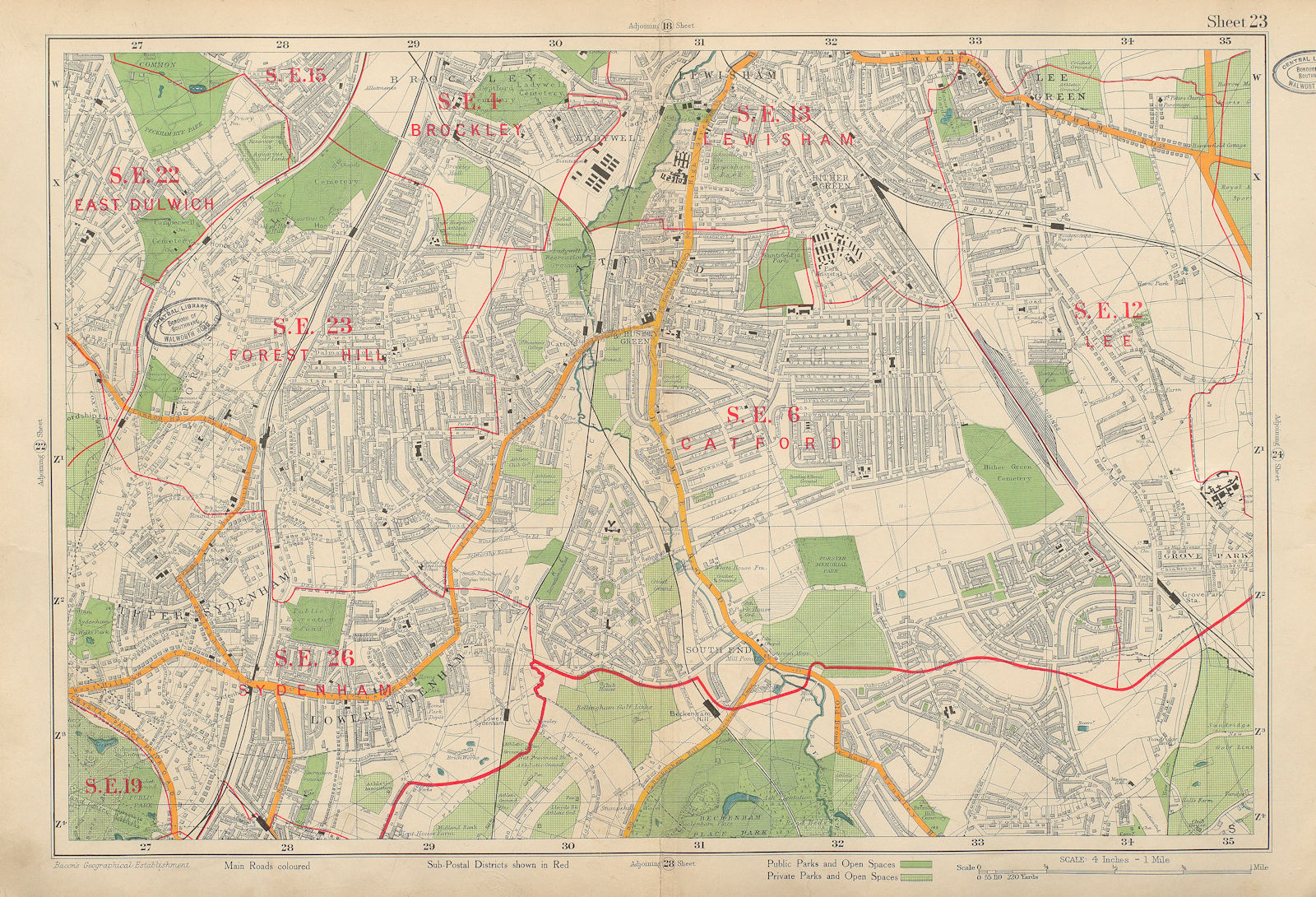 CATFORD Lee Brockley Lewisham East Dulwich Forest Hill Sydenham. BACON 1934 map