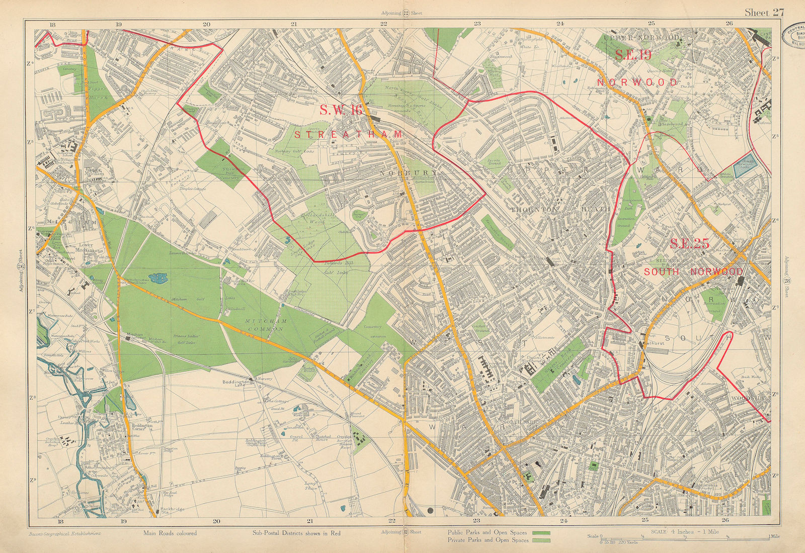 STREATHAM MITCHAM CROYDON South Norwood Thornton Heath Woodside. BACON 1934 map