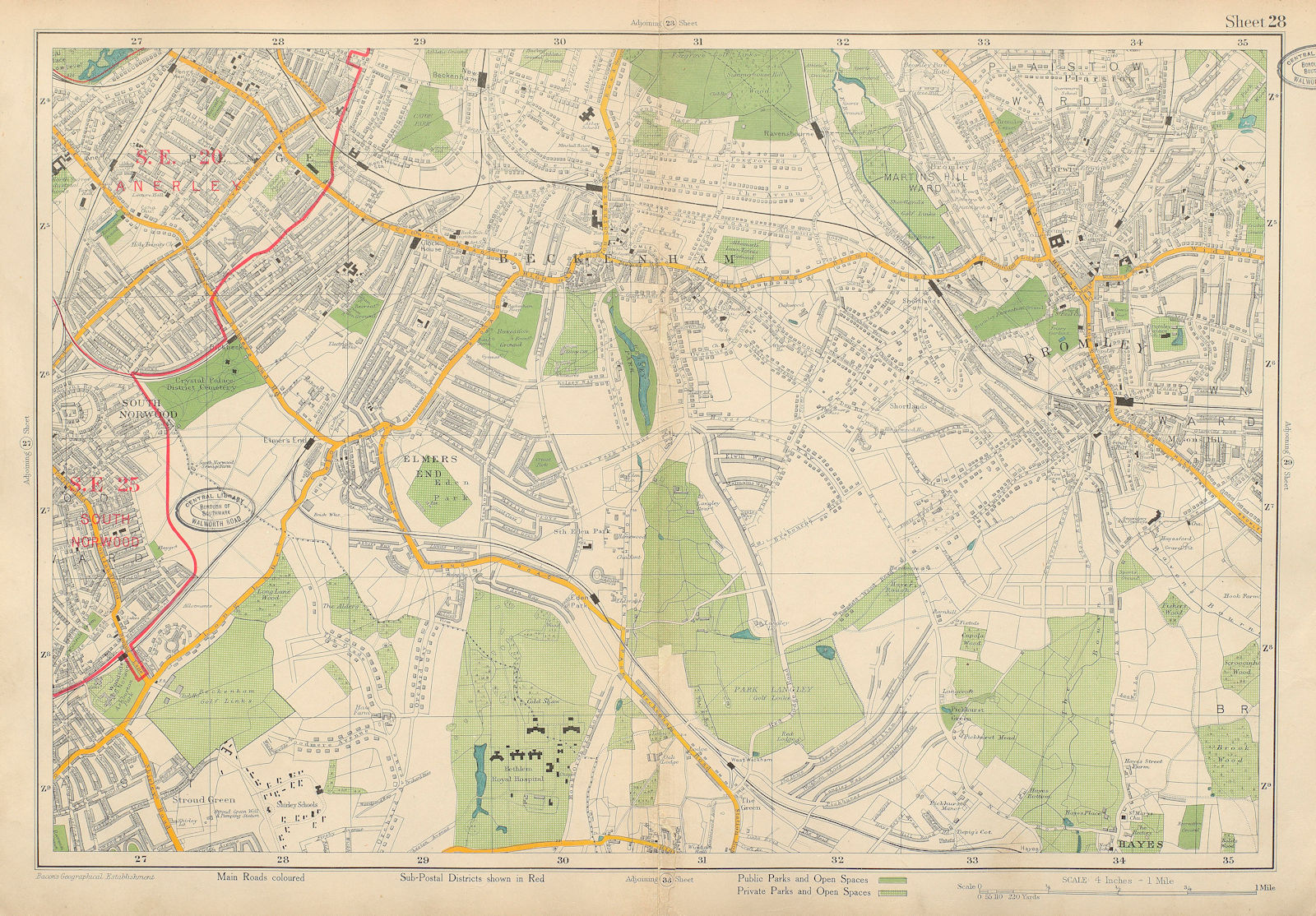 BECKENHAM Penge Bromley South Norwood West Wickham Anerley. BACON 1934 old map