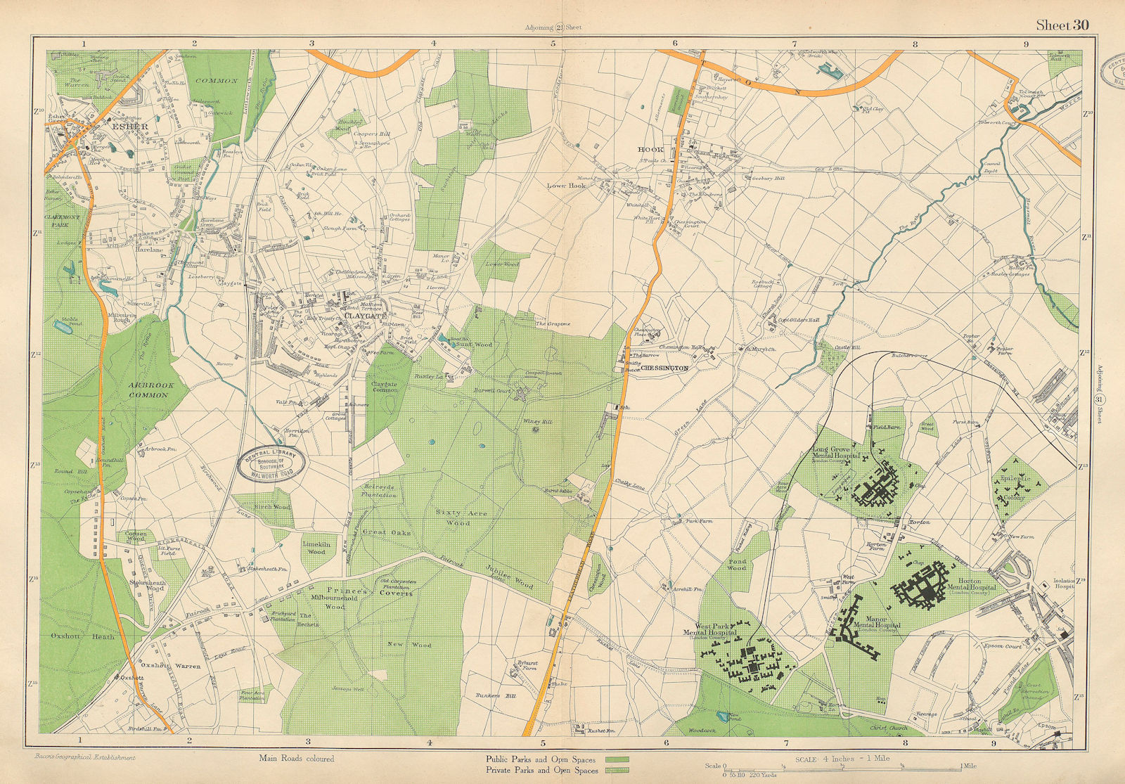 Associate Product ESHER/EWELL Claygate Epsom Oxshott Hook Chessington Hinchley Wood.BACON 1934 map