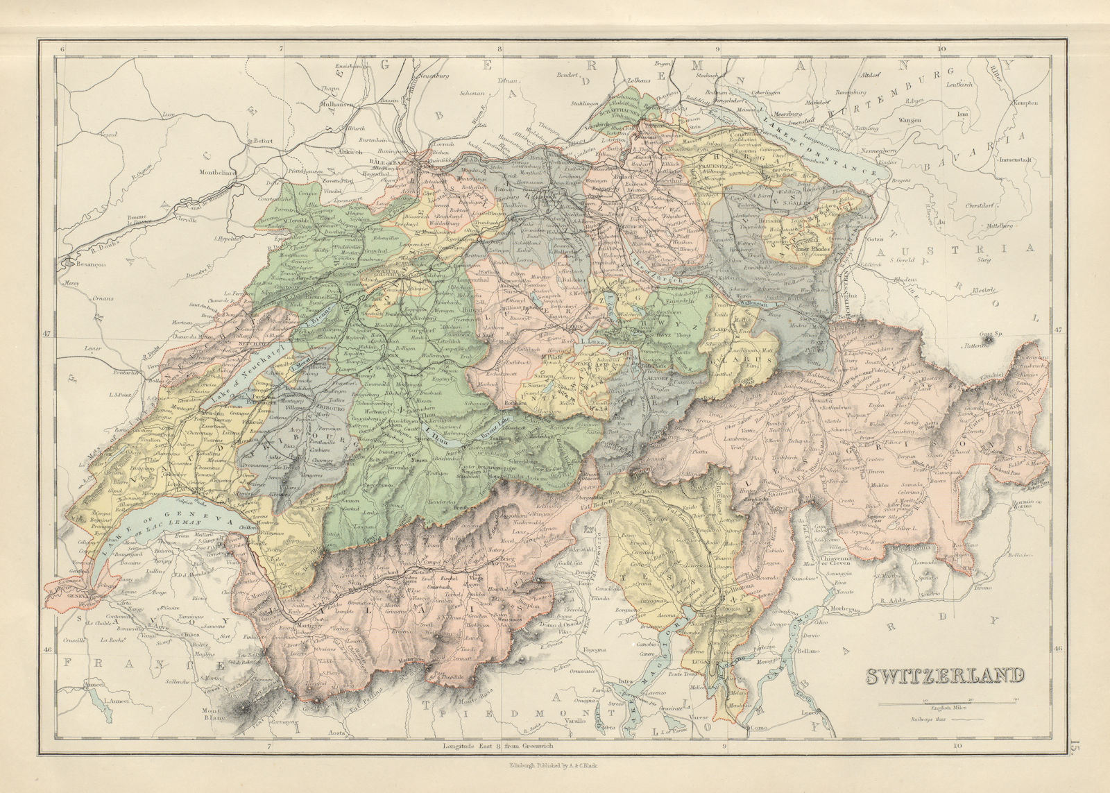 Switzerland in Cantons. BARTHOLOMEW 1882 old antique vintage map plan chart