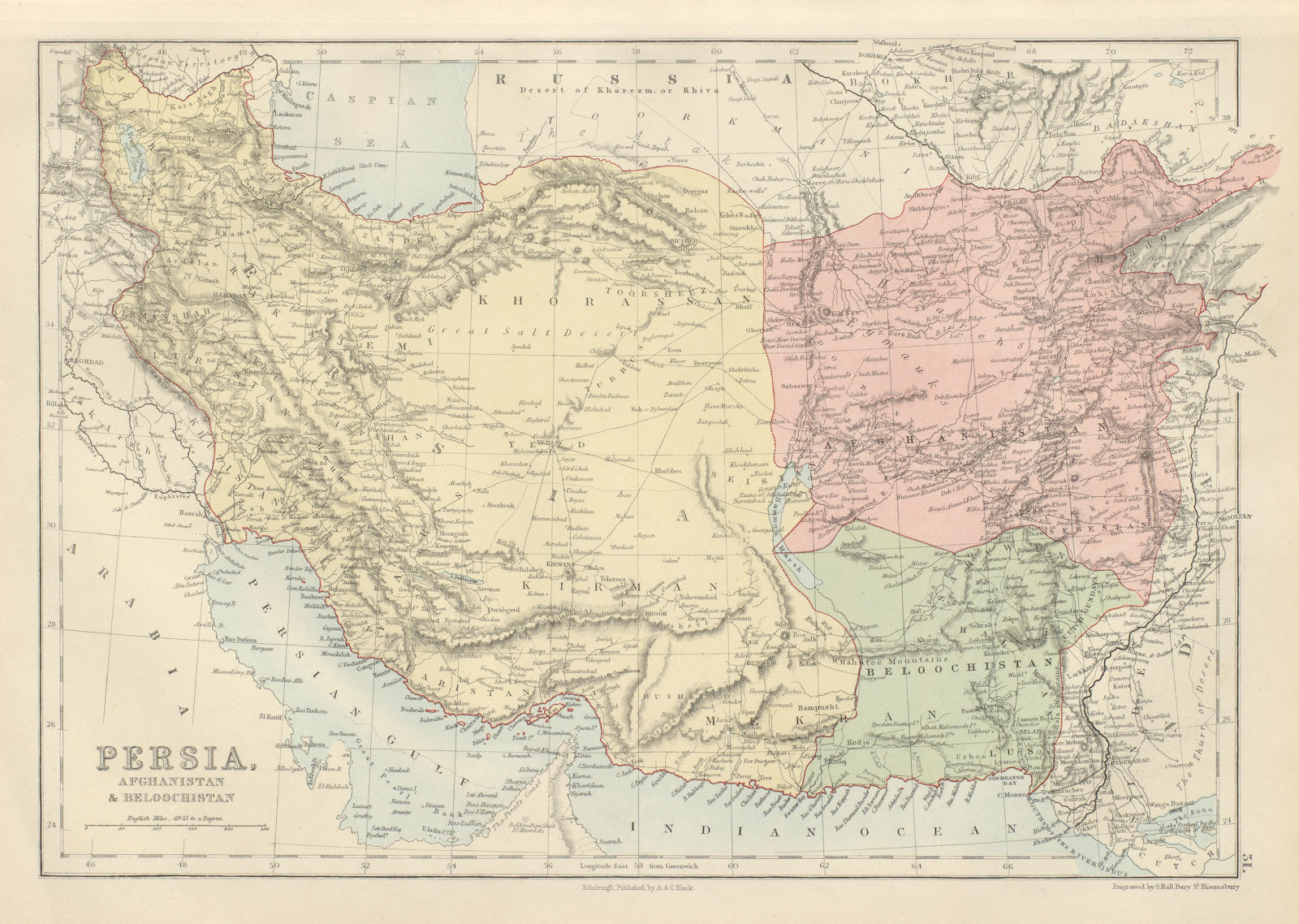 Persia, Afghanistan & Beloochistan. Debai (Dubai) & Sharja. BARTHOLOMEW 1882 map