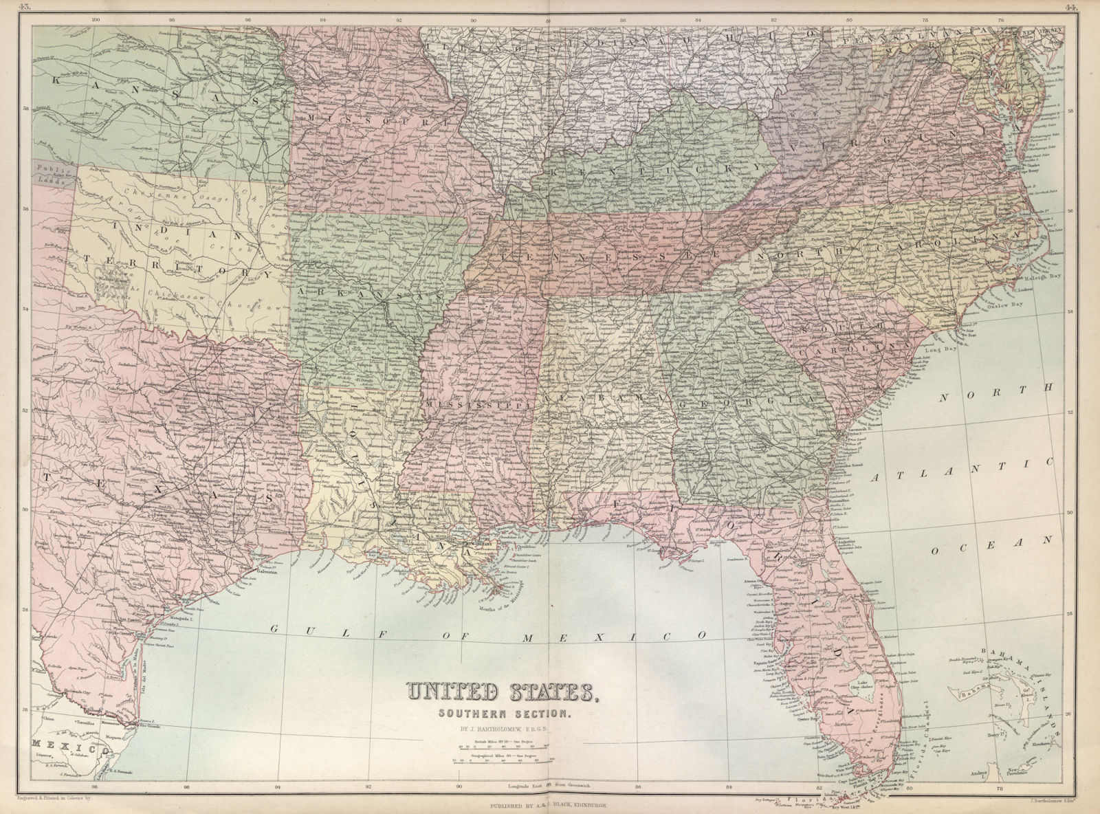 Southern United States. USA Gulf Coast. BARTHOLOMEW 1882 old antique map chart