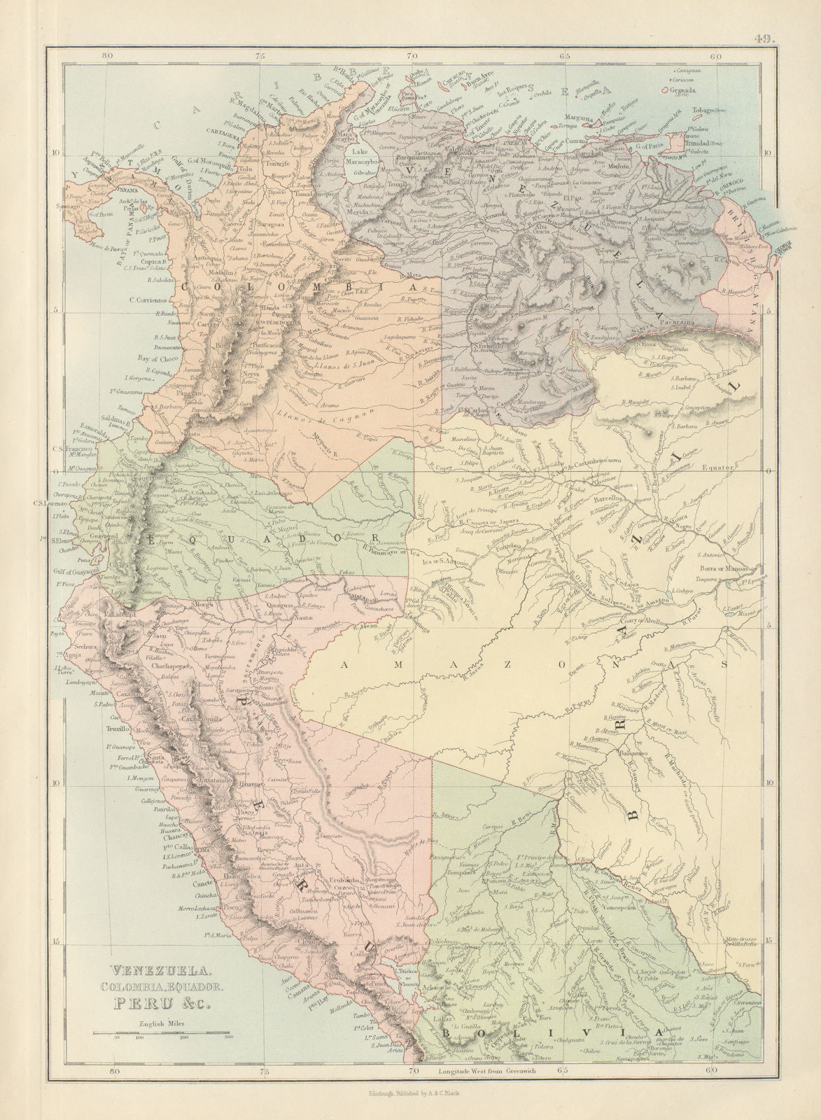 Venezuela, Colombia, Equador & Peru. Andean States Ecuador. BARTHOLOMEW 1882 map