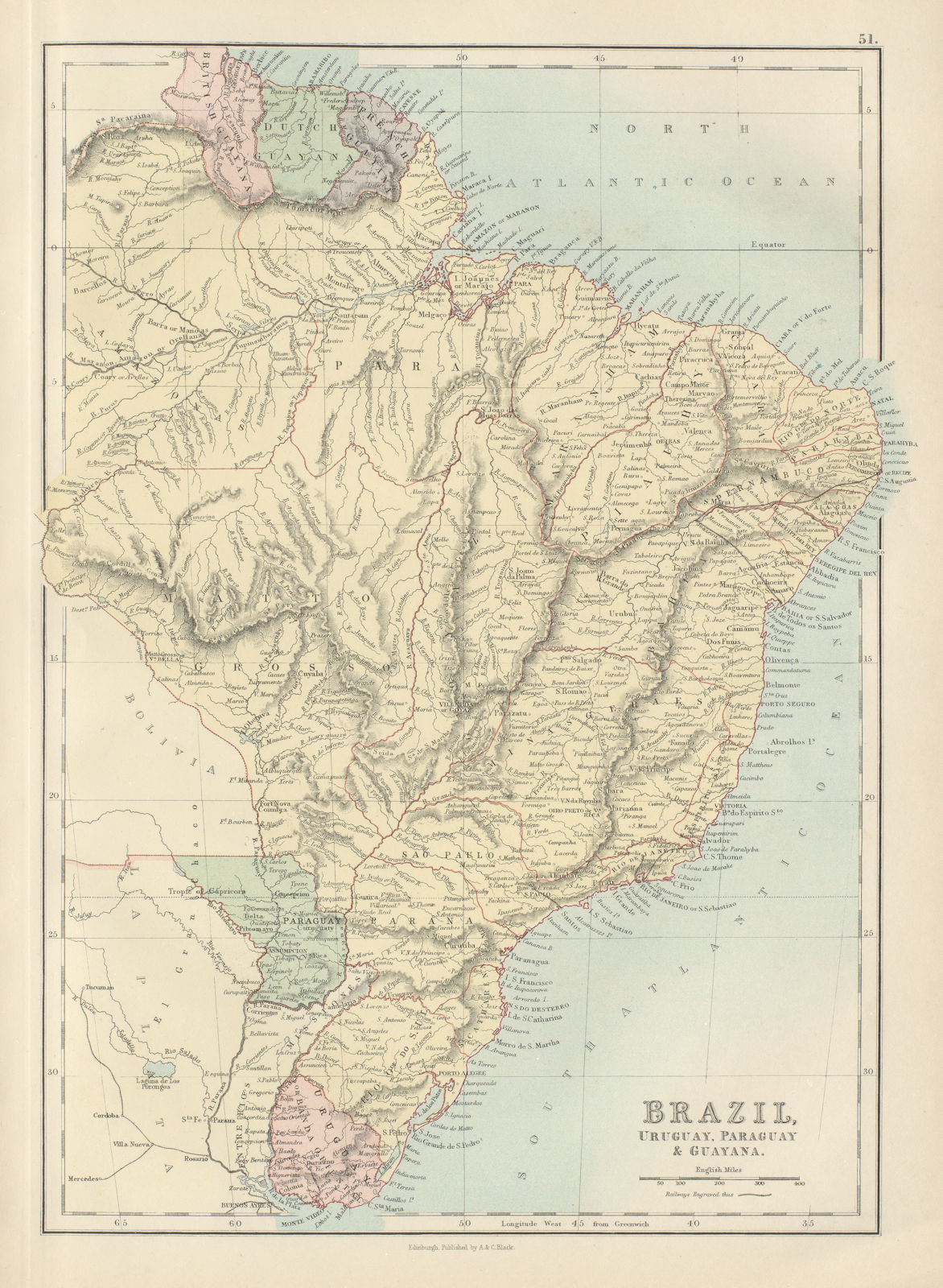 Associate Product Brazil, Uruguay, Paraguay & Guayana. Guyanas. BARTHOLOMEW 1882 old antique map