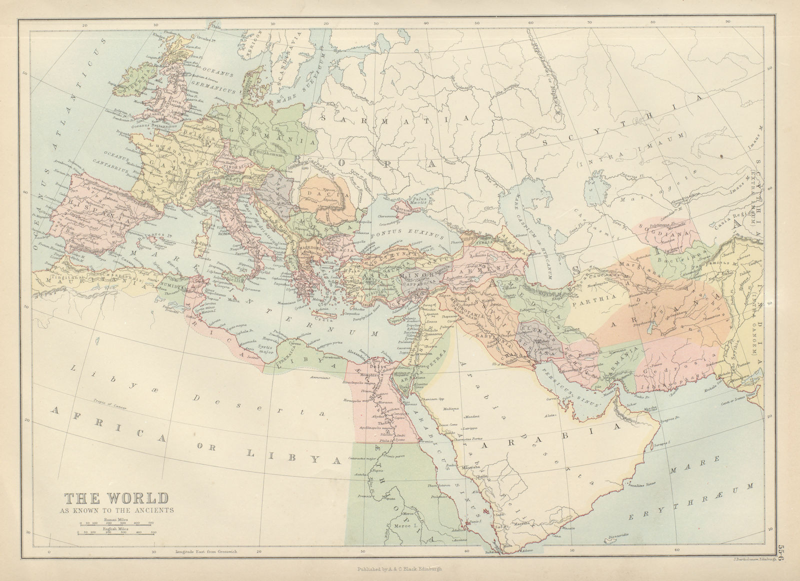 Associate Product World as known to the Ancients. Europe Arabia SW Asia. BARTHOLOMEW 1882 map