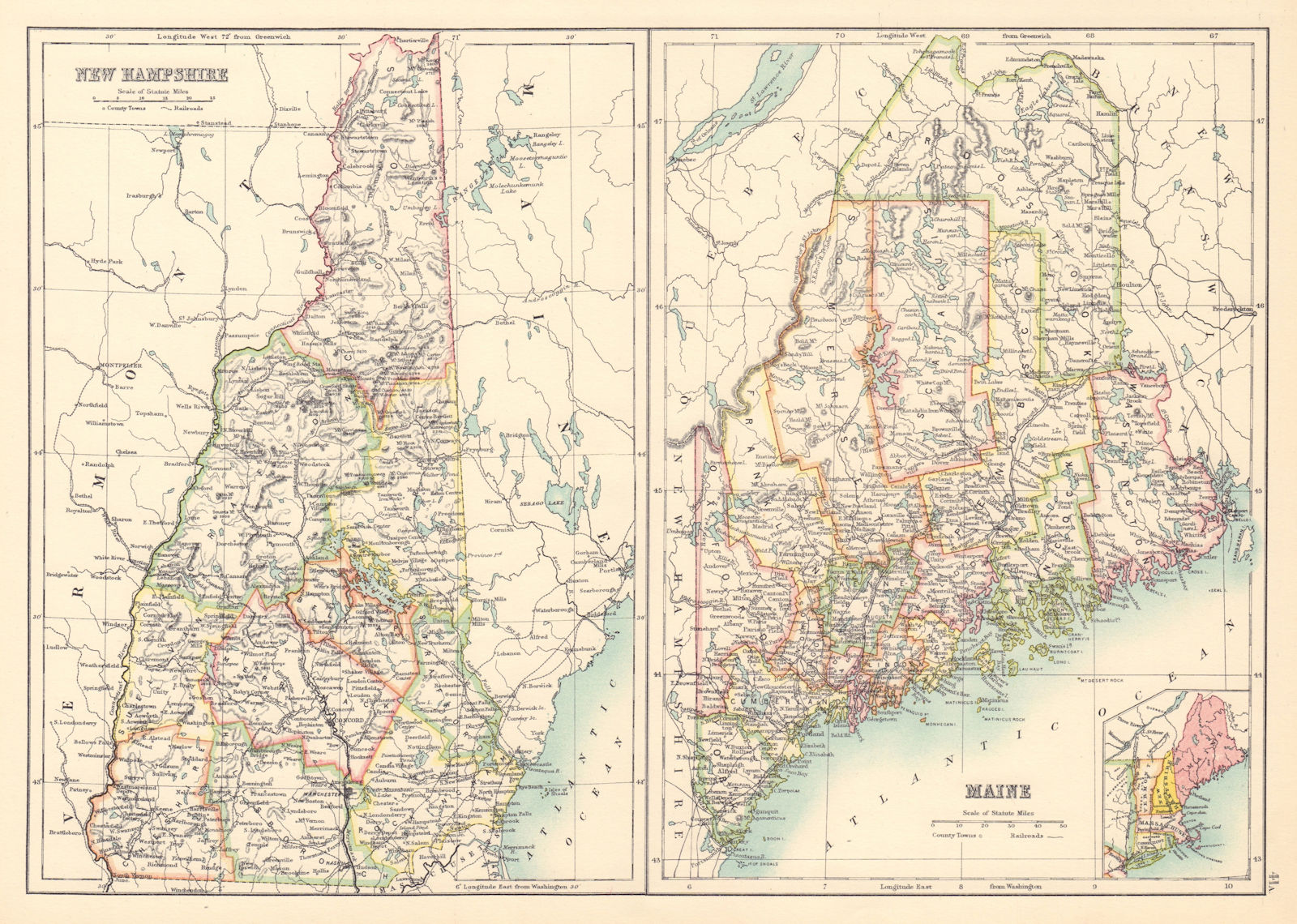 Maine and New Hampshire state maps showing counties. BARTHOLOMEW 1898 old