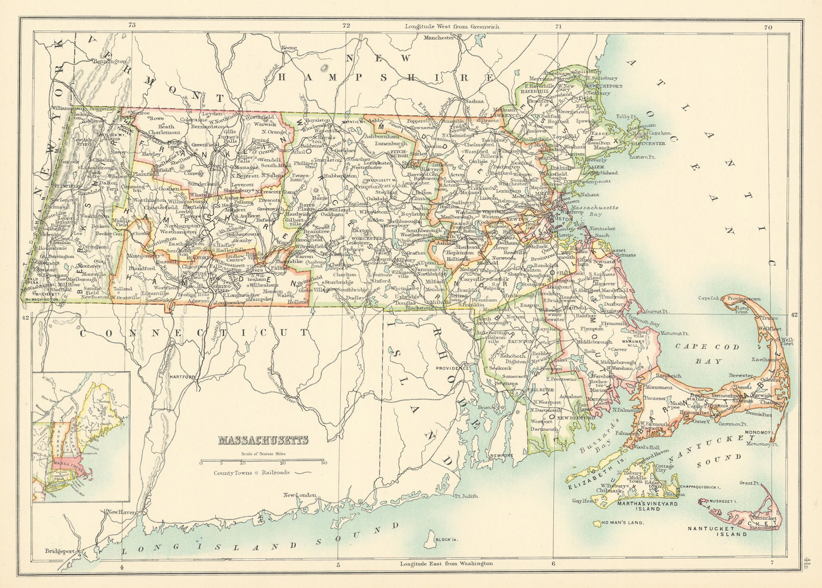 Massachusetts state map showing counties. BARTHOLOMEW 1898 old antique