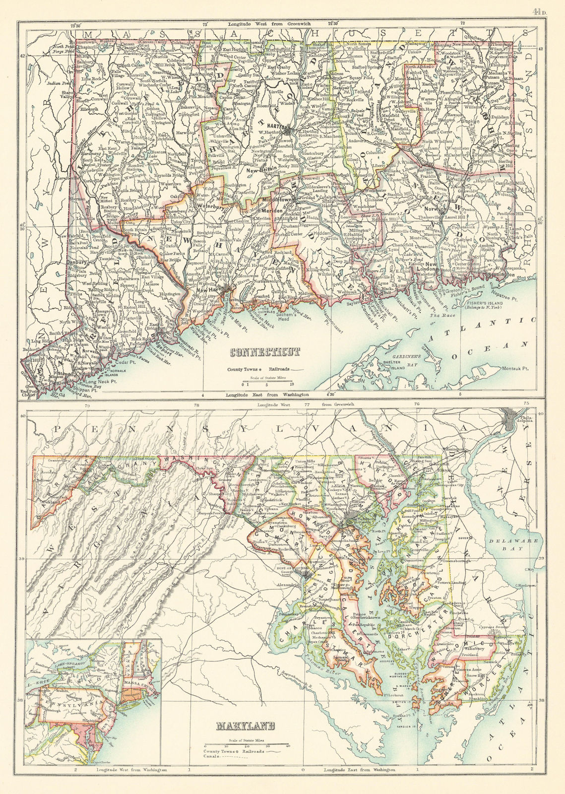 Connecticut and Maryland state maps showing counties. BARTHOLOMEW 1898 old