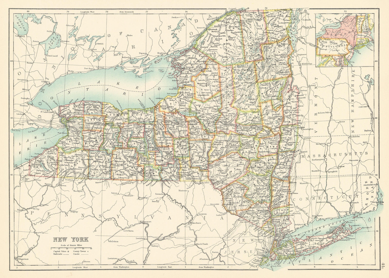 New York state map showing counties. BARTHOLOMEW 1898 old antique chart