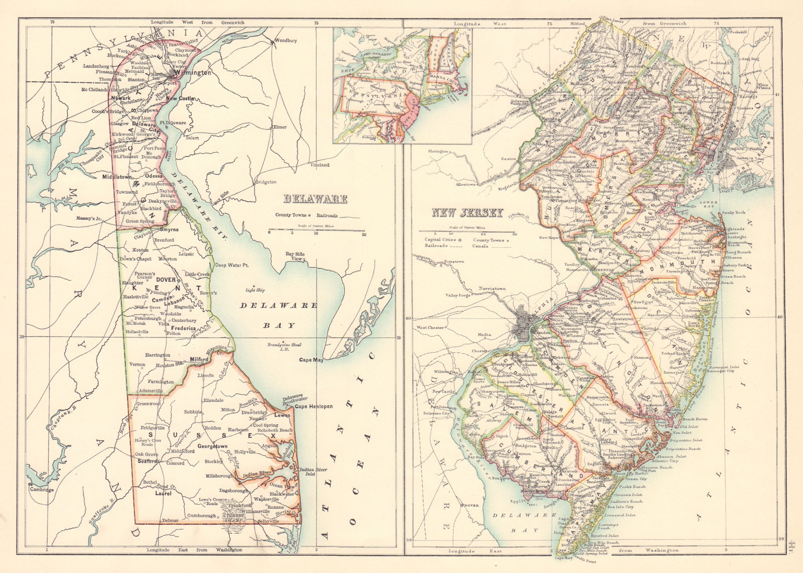 Associate Product Delaware and New Jersey state maps showing counties. BARTHOLOMEW 1898 old