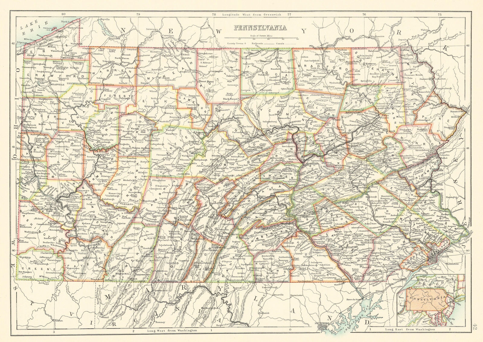 Pennsylvania state map showing counties. BARTHOLOMEW 1898 old antique