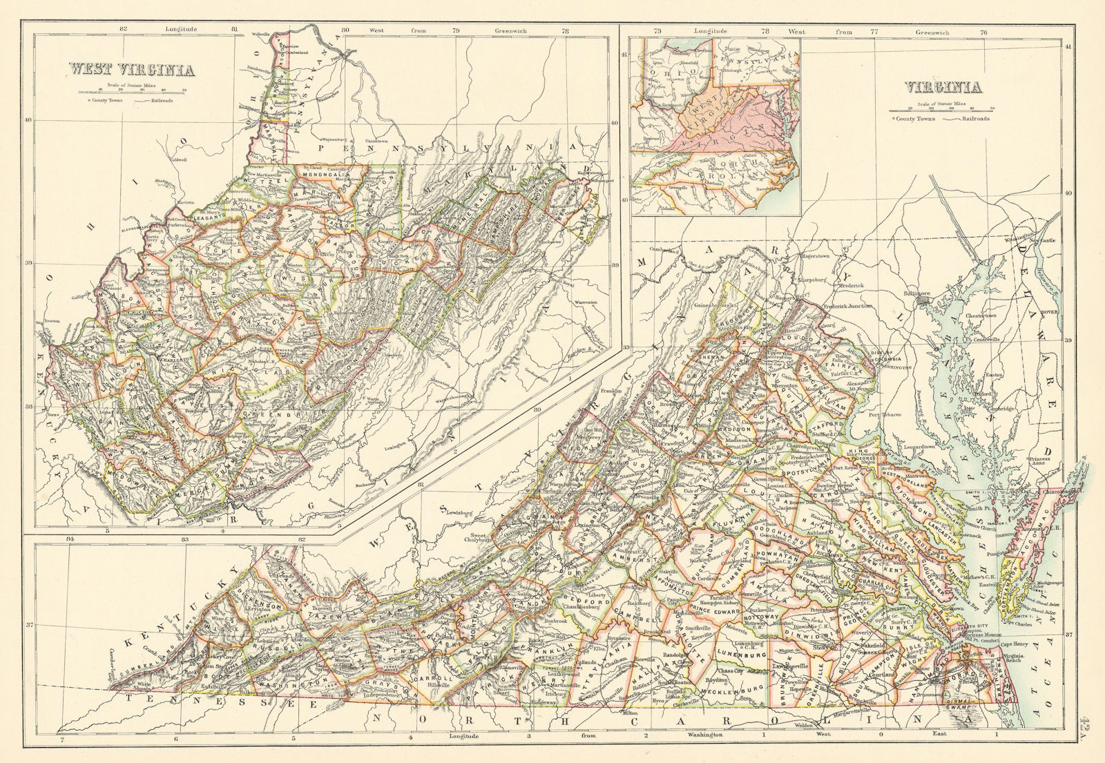 Virginia and West Virginia state maps showing counties. BARTHOLOMEW 1898