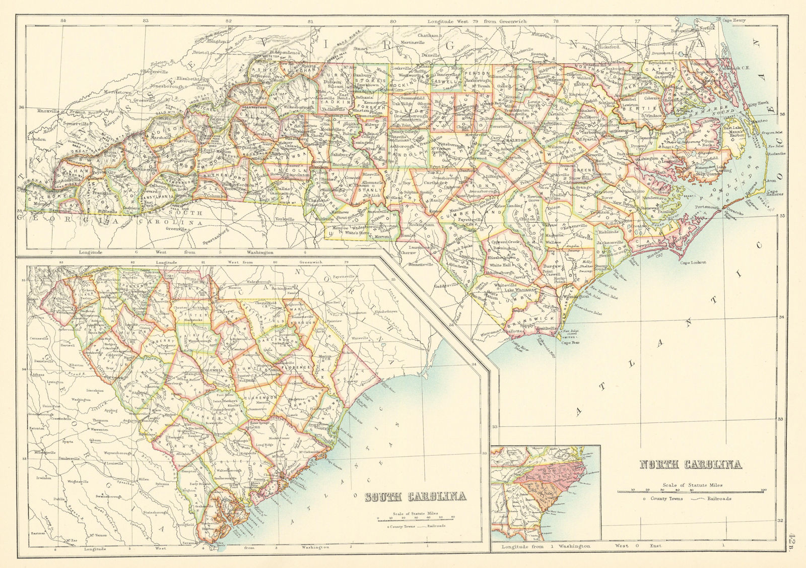 North and South Carolina state maps showing counties. BARTHOLOMEW 1898 old
