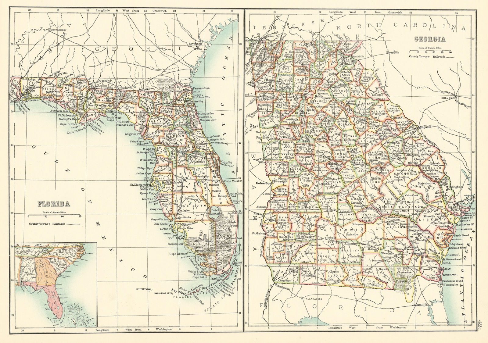 Georgia and Florida state maps showing counties. BARTHOLOMEW 1898 old