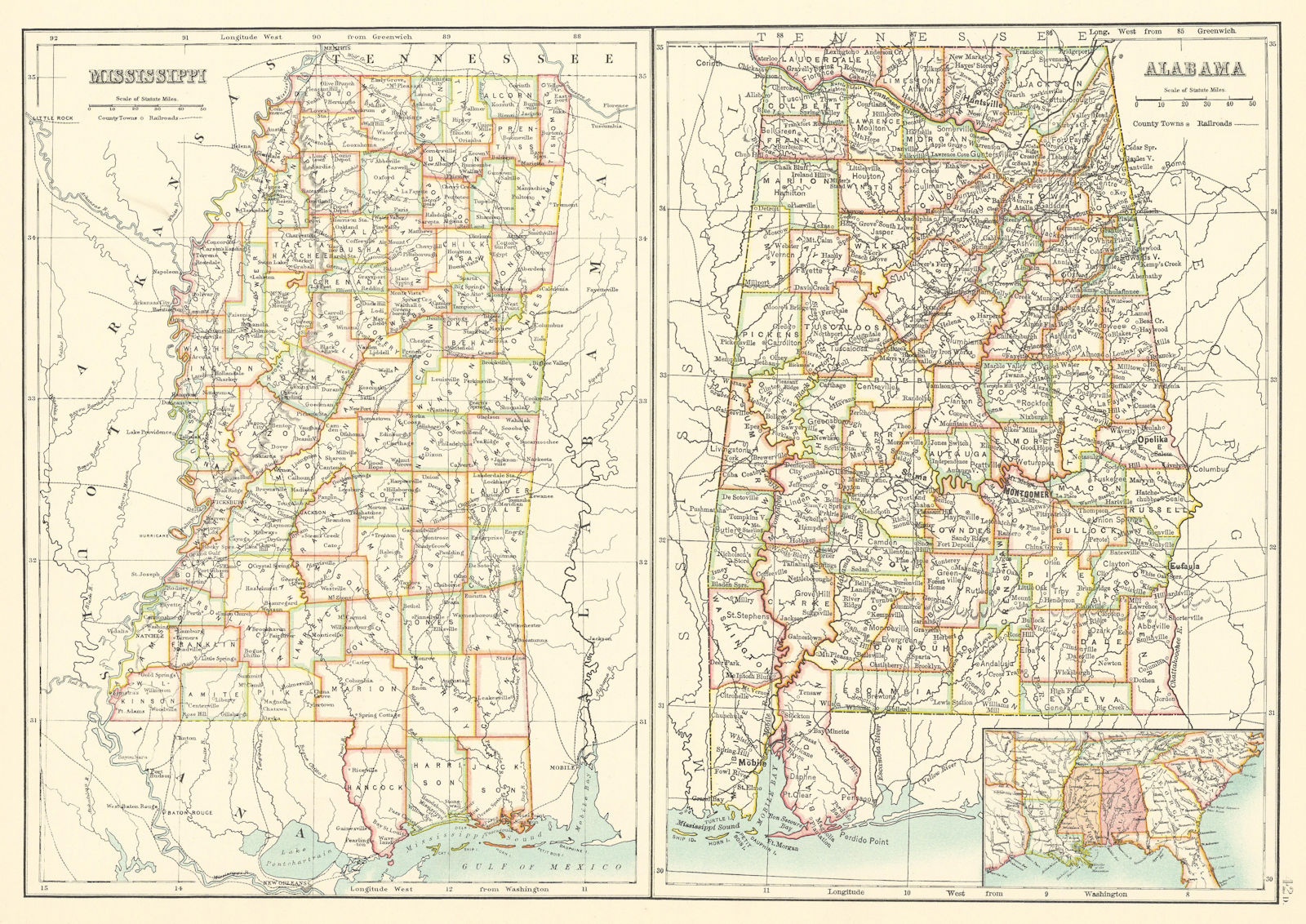 Alabama and Mississippi state maps showing counties. BARTHOLOMEW 1898 old