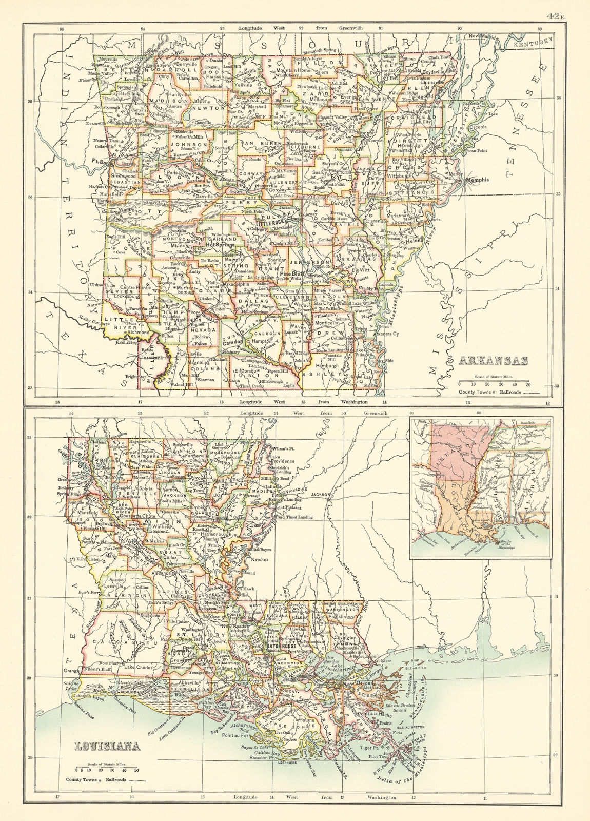 Louisiana and Arkansas state maps showing parishes/counties. BARTHOLOMEW 1898