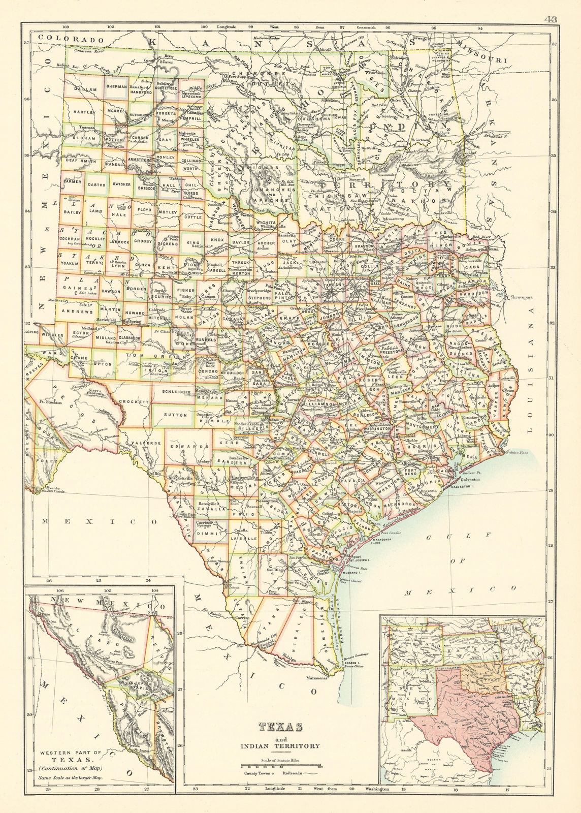 Texas and Indian Territory state maps showing counties. BARTHOLOMEW 1898