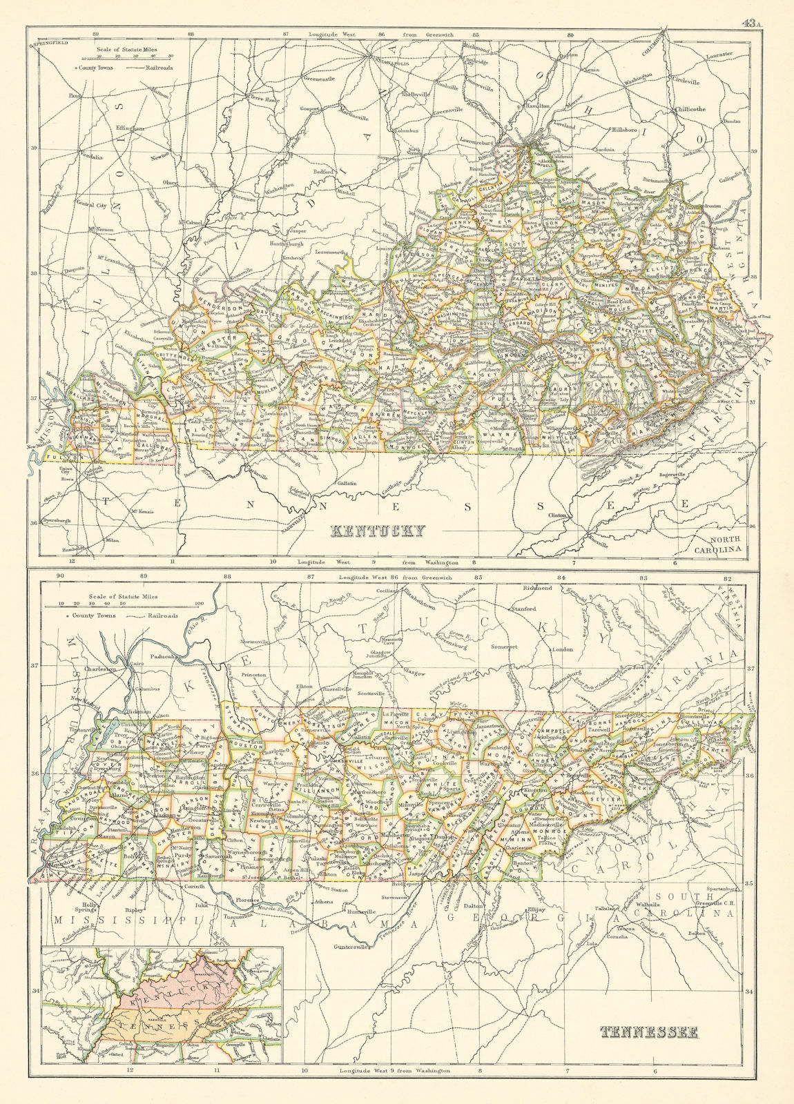 Kentucky and Tennessee state maps showing counties. BARTHOLOMEW 1898 old