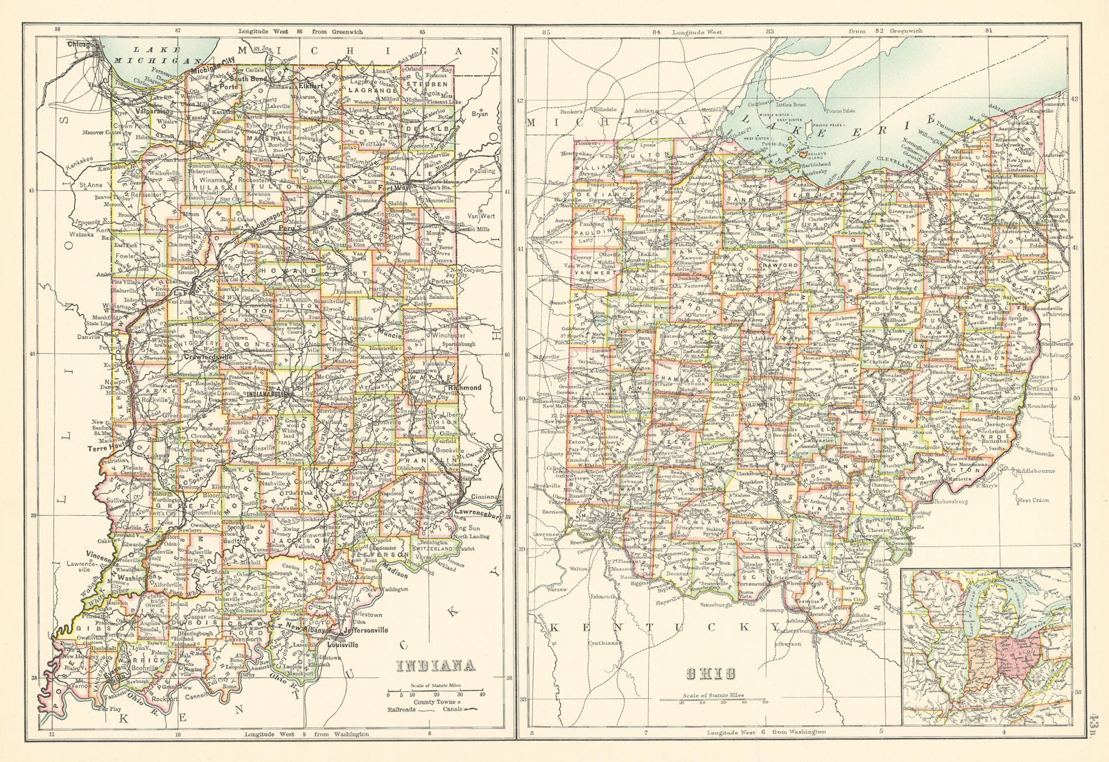 Associate Product Indiana and Ohio state maps showing counties. BARTHOLOMEW 1898 old antique