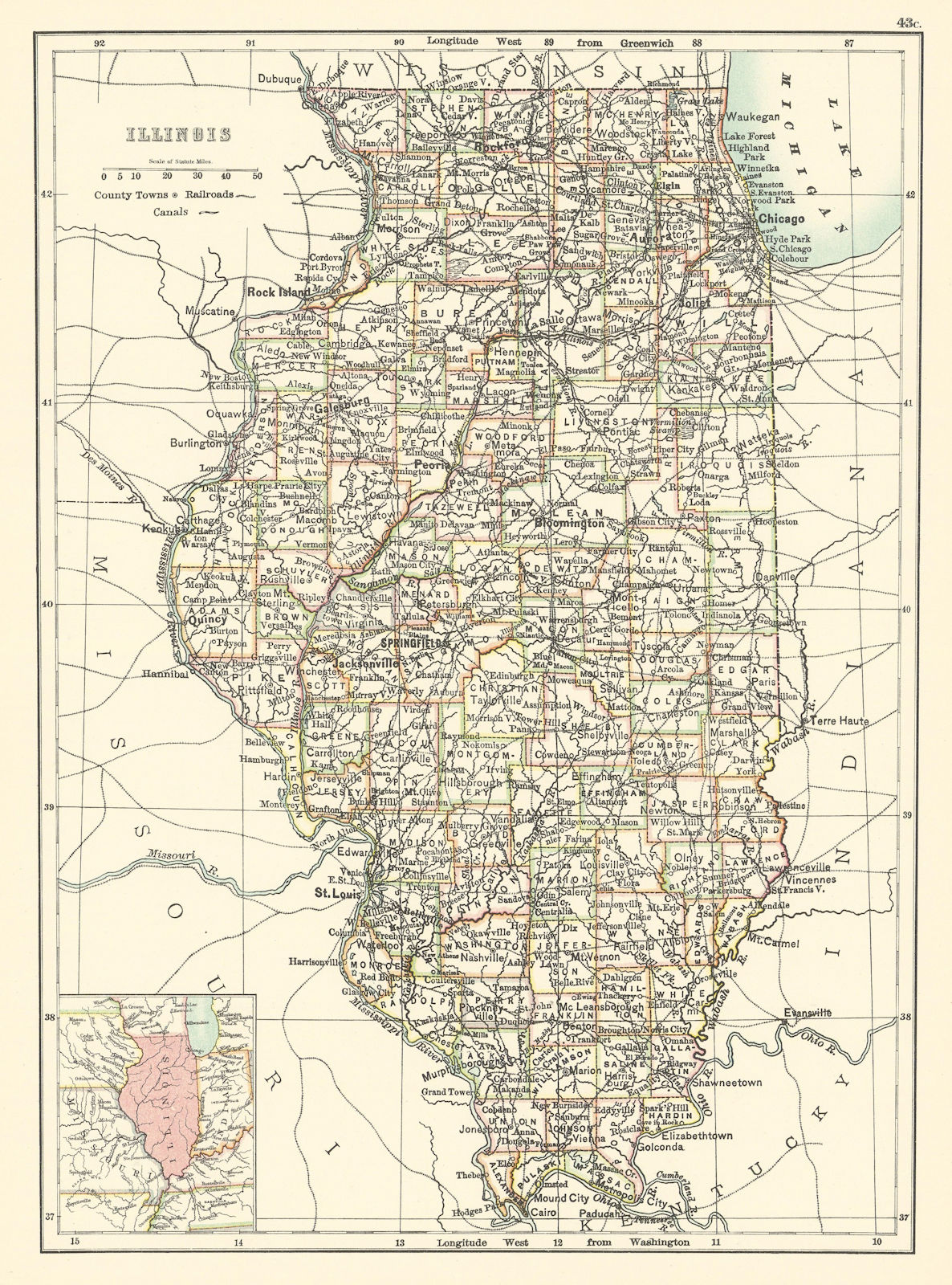 Illinois state map showing counties. BARTHOLOMEW 1898 old antique chart