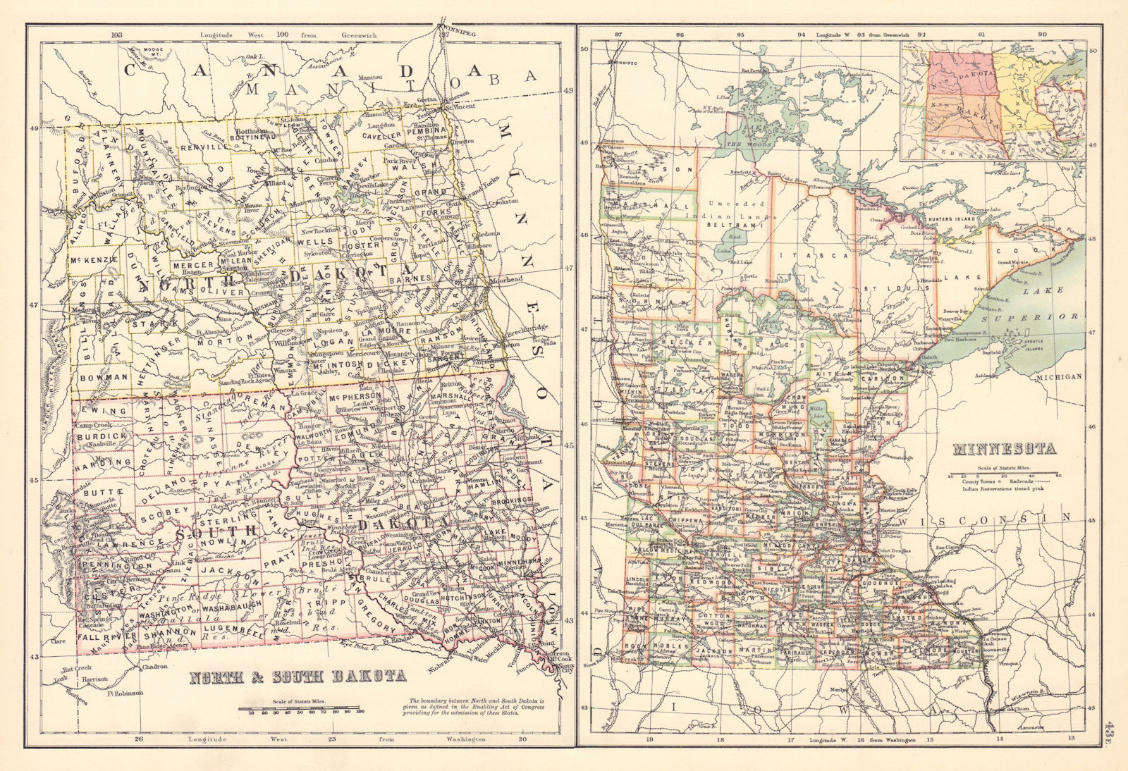 North & South Dakota & Minnesota state maps showing counties. BARTHOLOMEW 1898