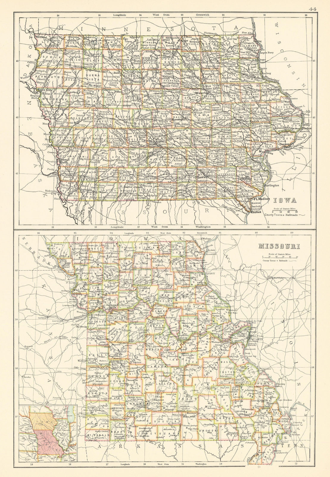 Iowa and Missouri state maps showing counties. BARTHOLOMEW 1898 old