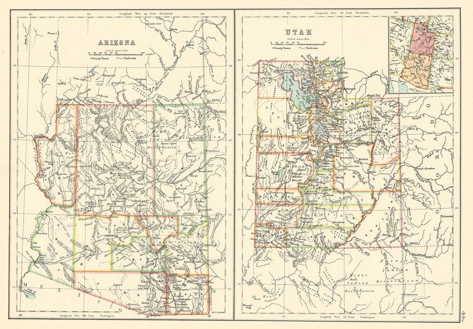 Arizona and Utah state maps showing counties. BARTHOLOMEW 1898 old antique