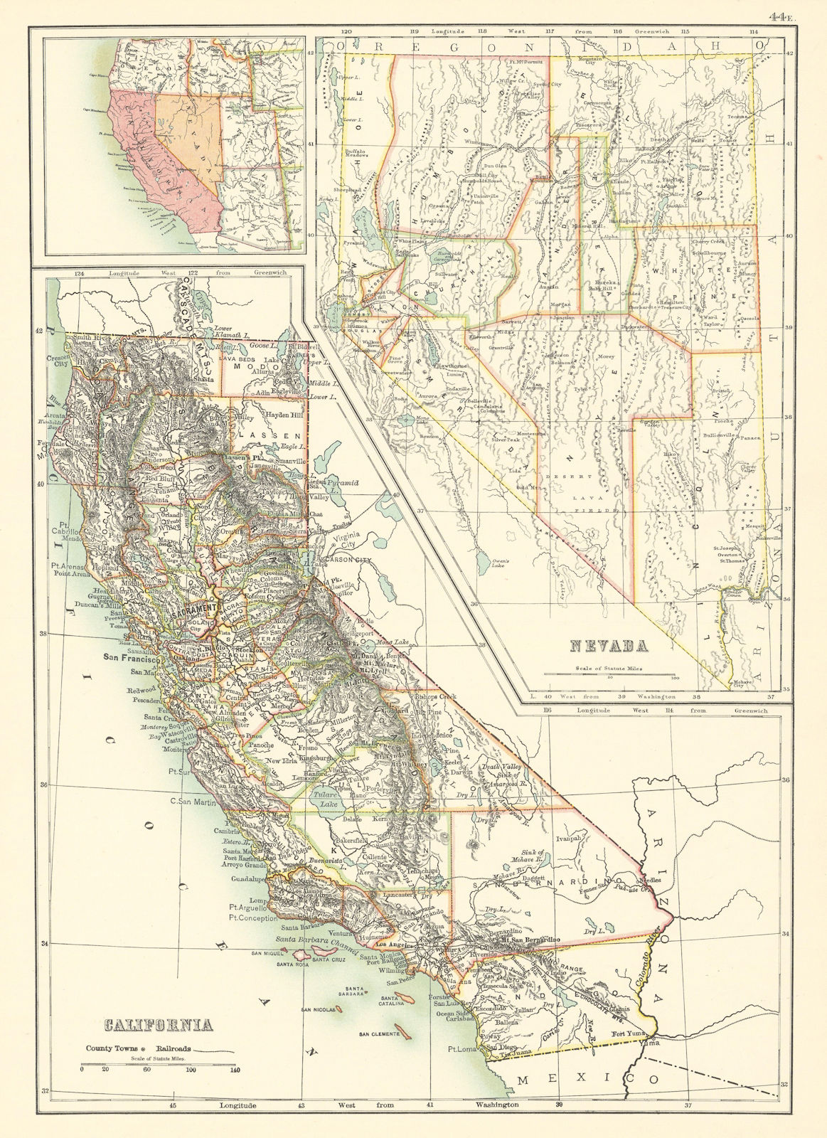 California and Nevada state maps showing counties. BARTHOLOMEW 1898 old