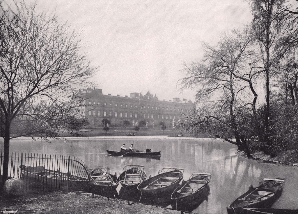 Buckingham Palace - from St. James's park. London 1896 old antique print
