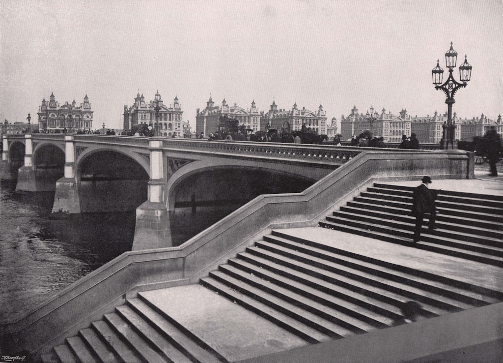 Westminster Bridge - Showing St. Thomas's Hospital. London 1896 old print