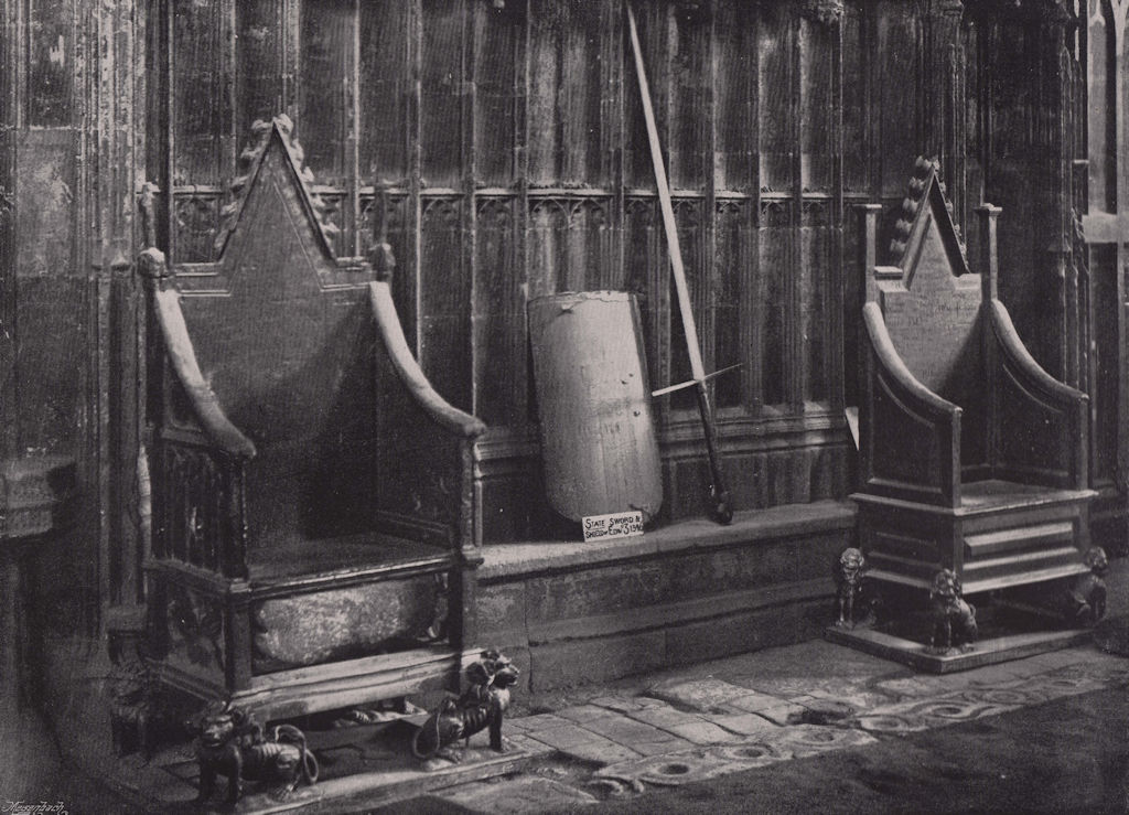 Westminster Abbey. The Coronation Chairs & the state sword & shield. London 1896