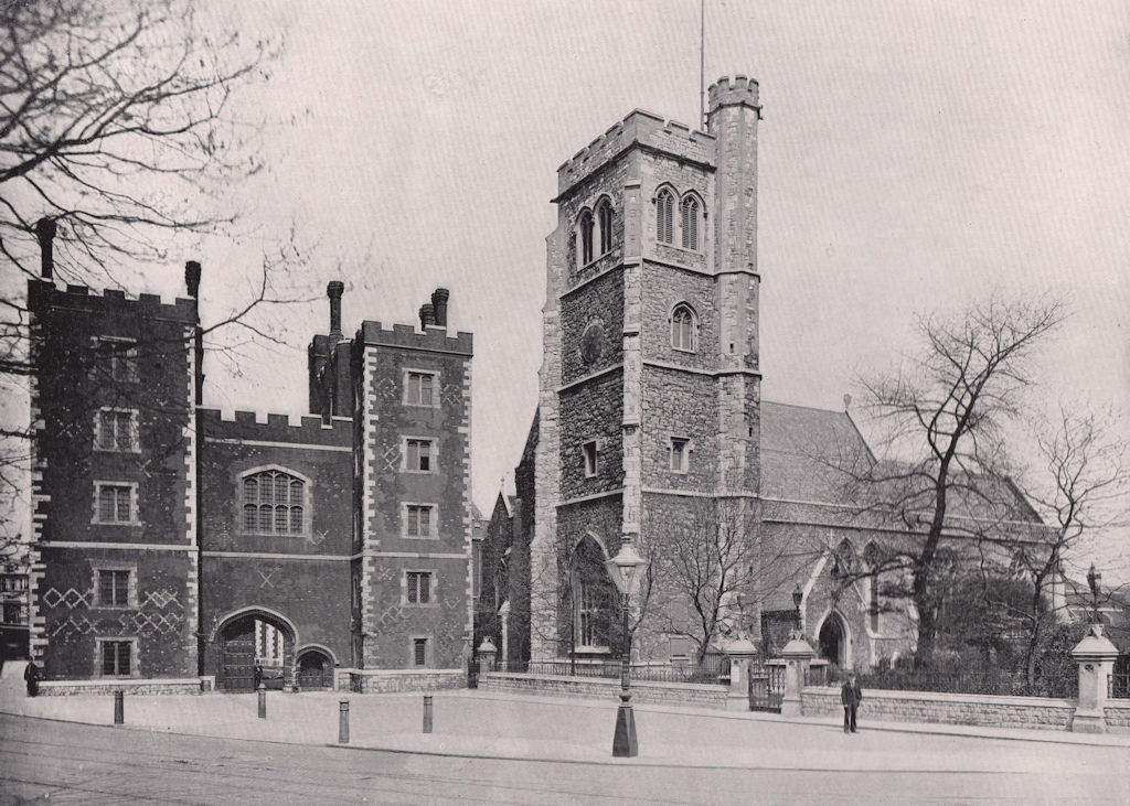 Lambeth Palace - The gateway, and St. Mary's Church. London 1896 old print
