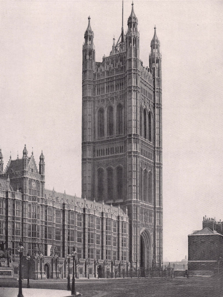 Houses of Parliament - the Victoria tower and Royal Entrance. London 1896