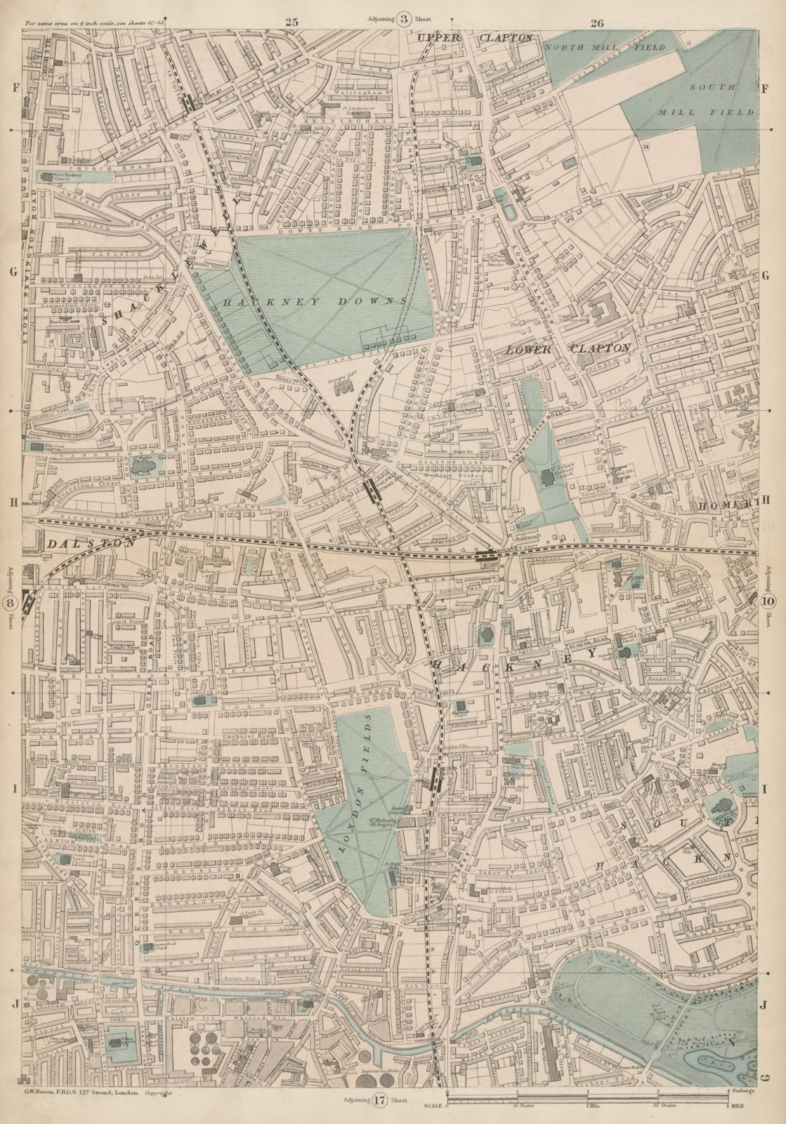HACKNEY Lower Clapton Dalston Shacklewell London Fields Homerton c1887 old map