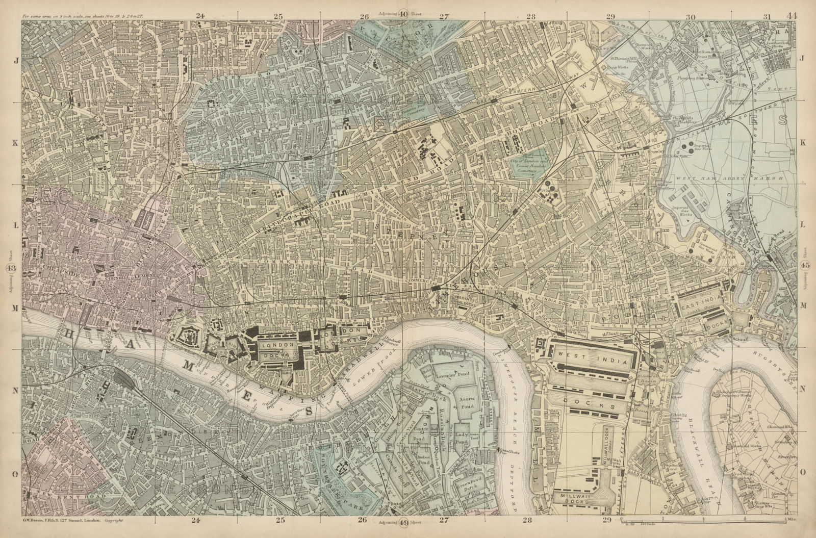 LONDON City East End Southwark Bethnal Green Docks Shoreditch. BACON  c1887 map