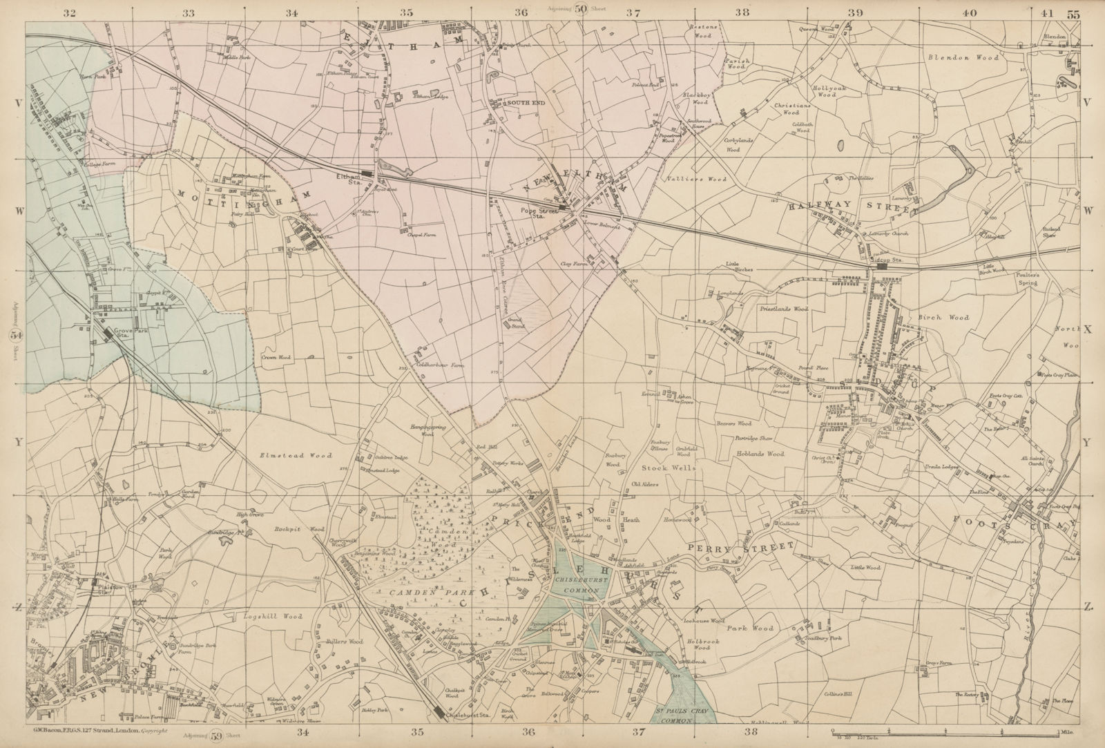 CHISLEHURST Eltham Mottingham Bromley Sidcup Foots Cray Catford BACON  c1887 map