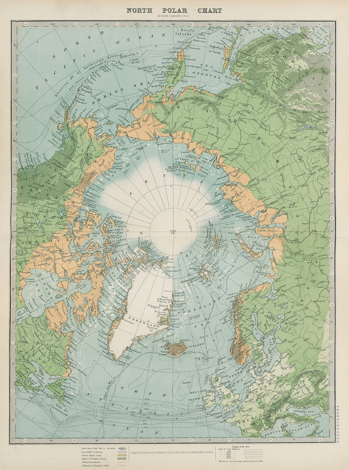Associate Product ARCTIC North Polar chart Telegraph cables Ice limit JOHNSTON 1901 old map