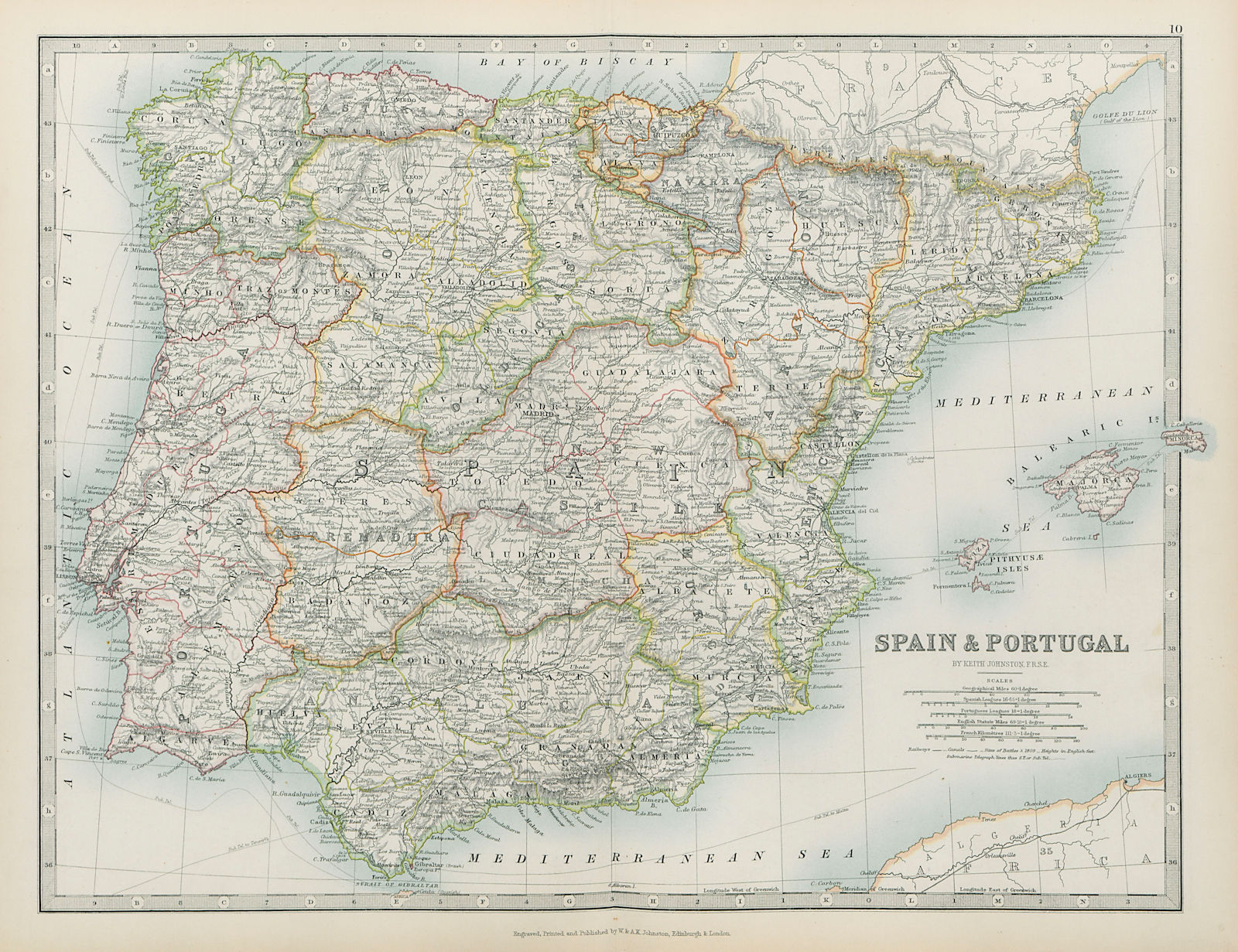 IBERIA Spain Portugal regions Telegraph cables railways JOHNSTON 1901 old map