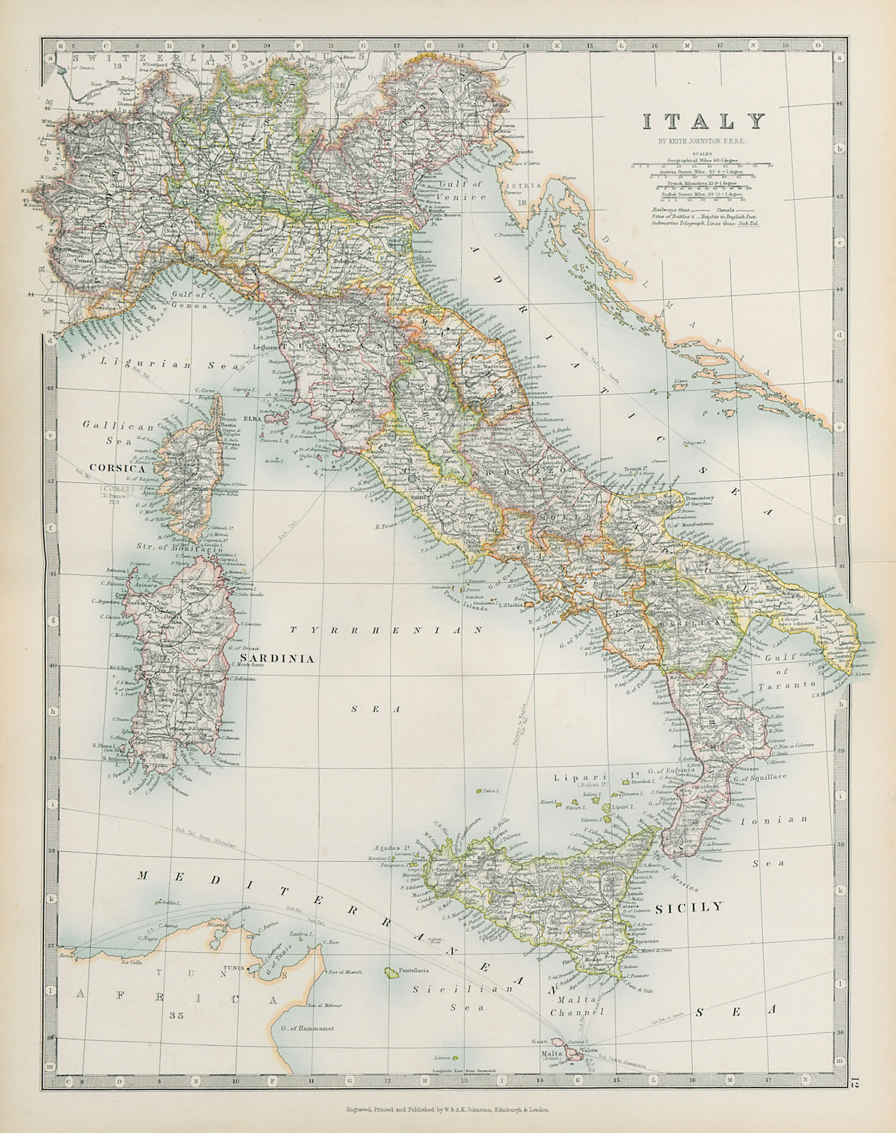 Associate Product ITALY Showing regions railways canals Telegraph cables JOHNSTON 1901 old map