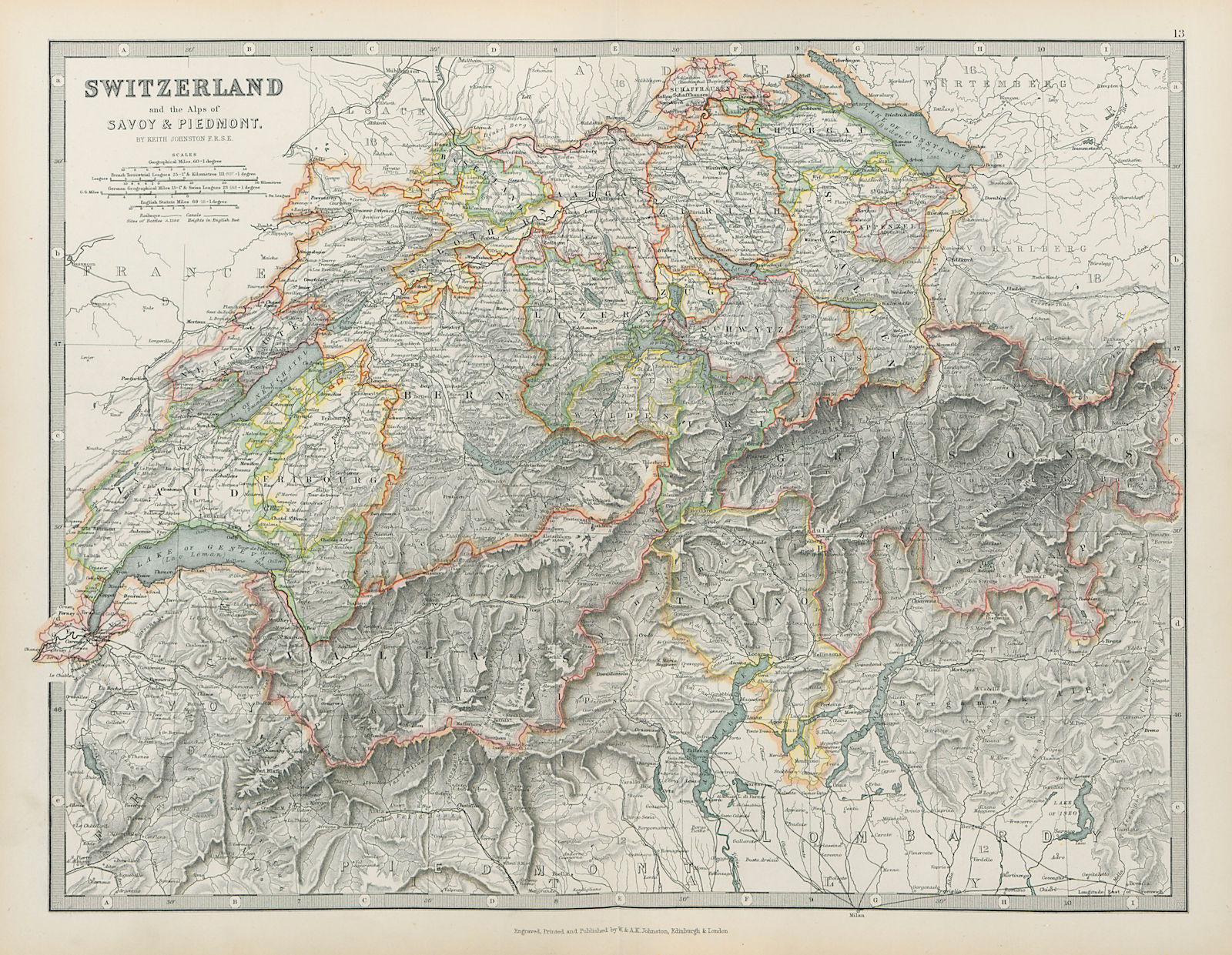 ALPS & SAVOIE Switzerland & the Alps of Savoy & Piedmont JOHNSTON 1901 old map