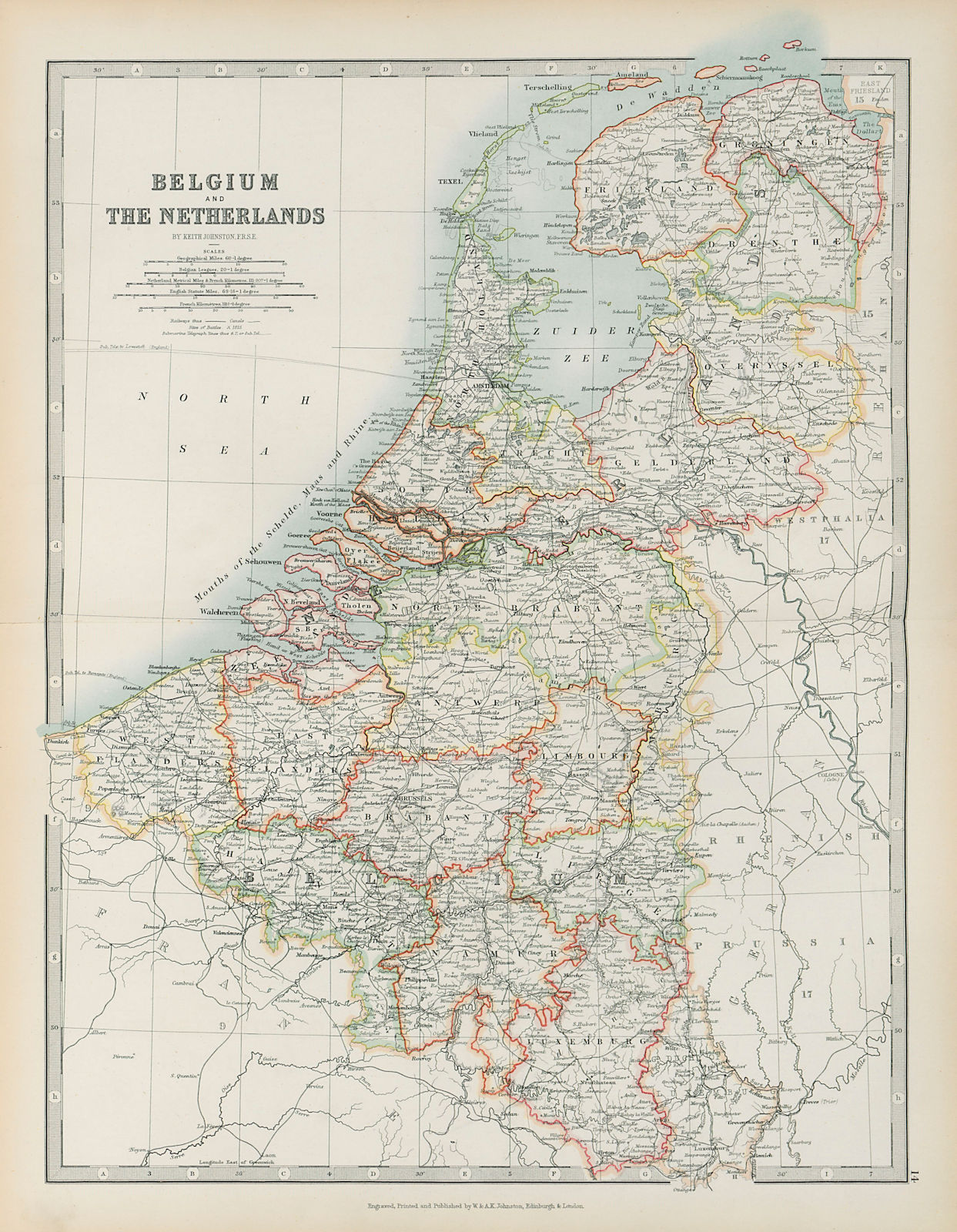 BENELUX Belgium, Netherlands & Luxembourg Railways & Canals JOHNSTON 1901 map