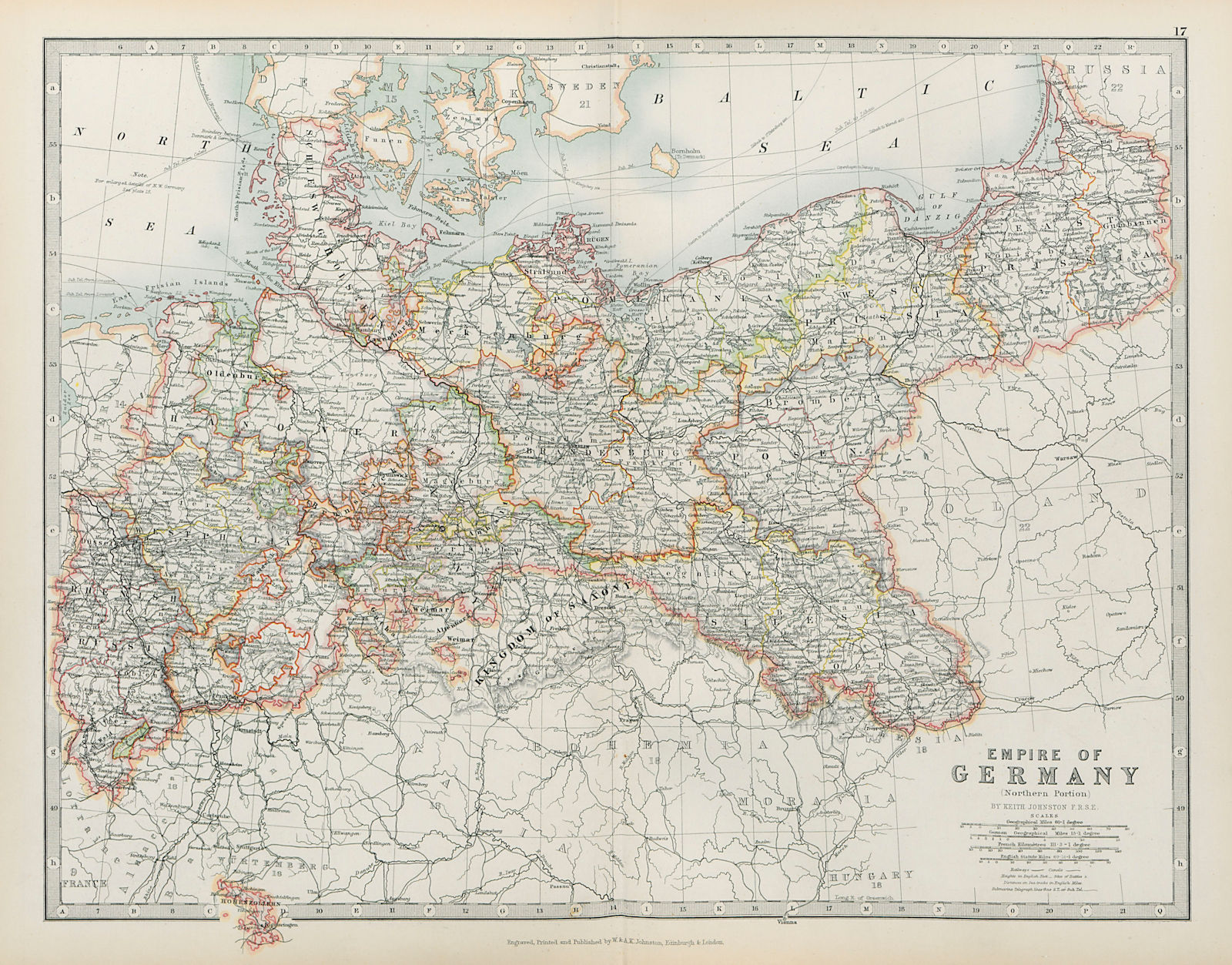 Associate Product GERMAN EMPIRE NORTH Prussia Poland &c Railways Canals JOHNSTON 1901 old map