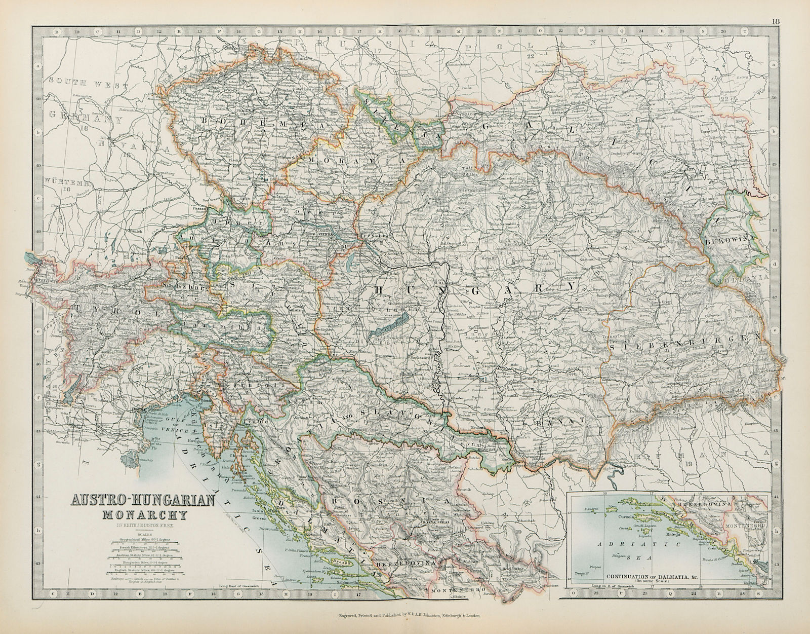AUSTRO-HUNGARIAN MONARCHY Provinces Railways Canals JOHNSTON 1901 old map