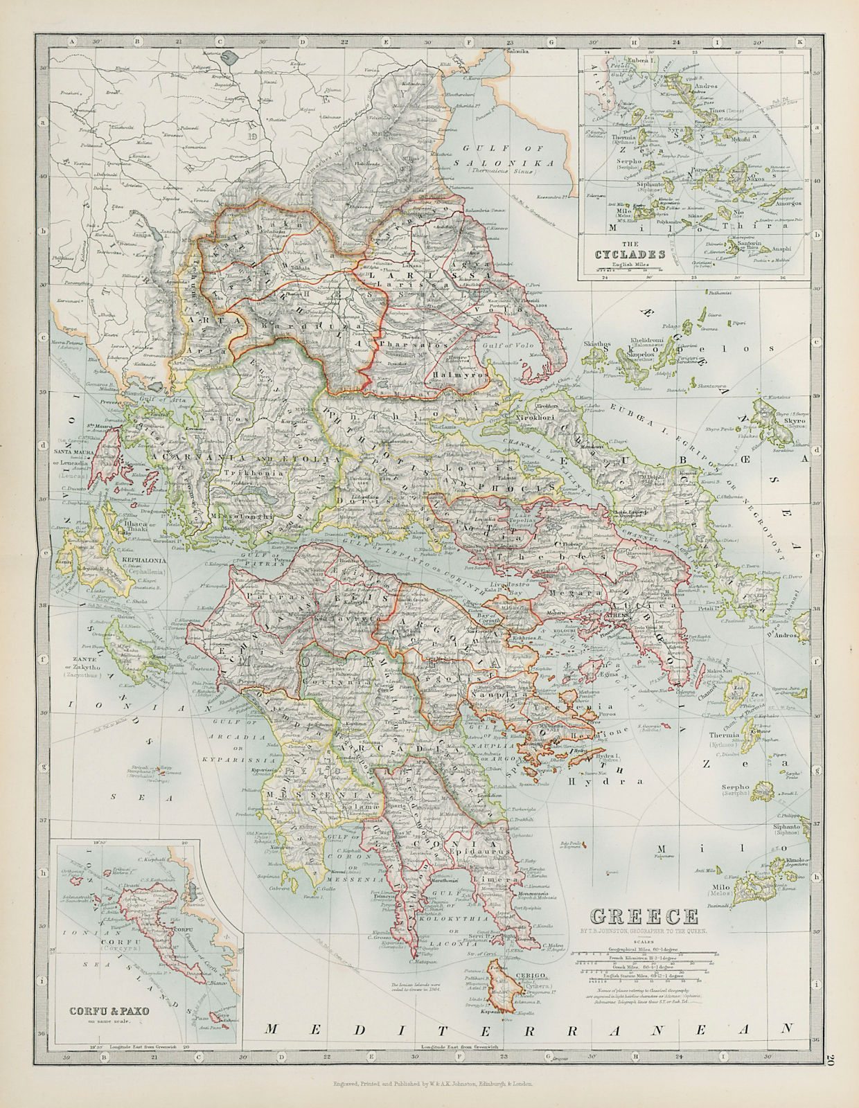 GREECE Inset Cyclades Corfu Paxos Telegraph cables Aegean JOHNSTON 1901 map