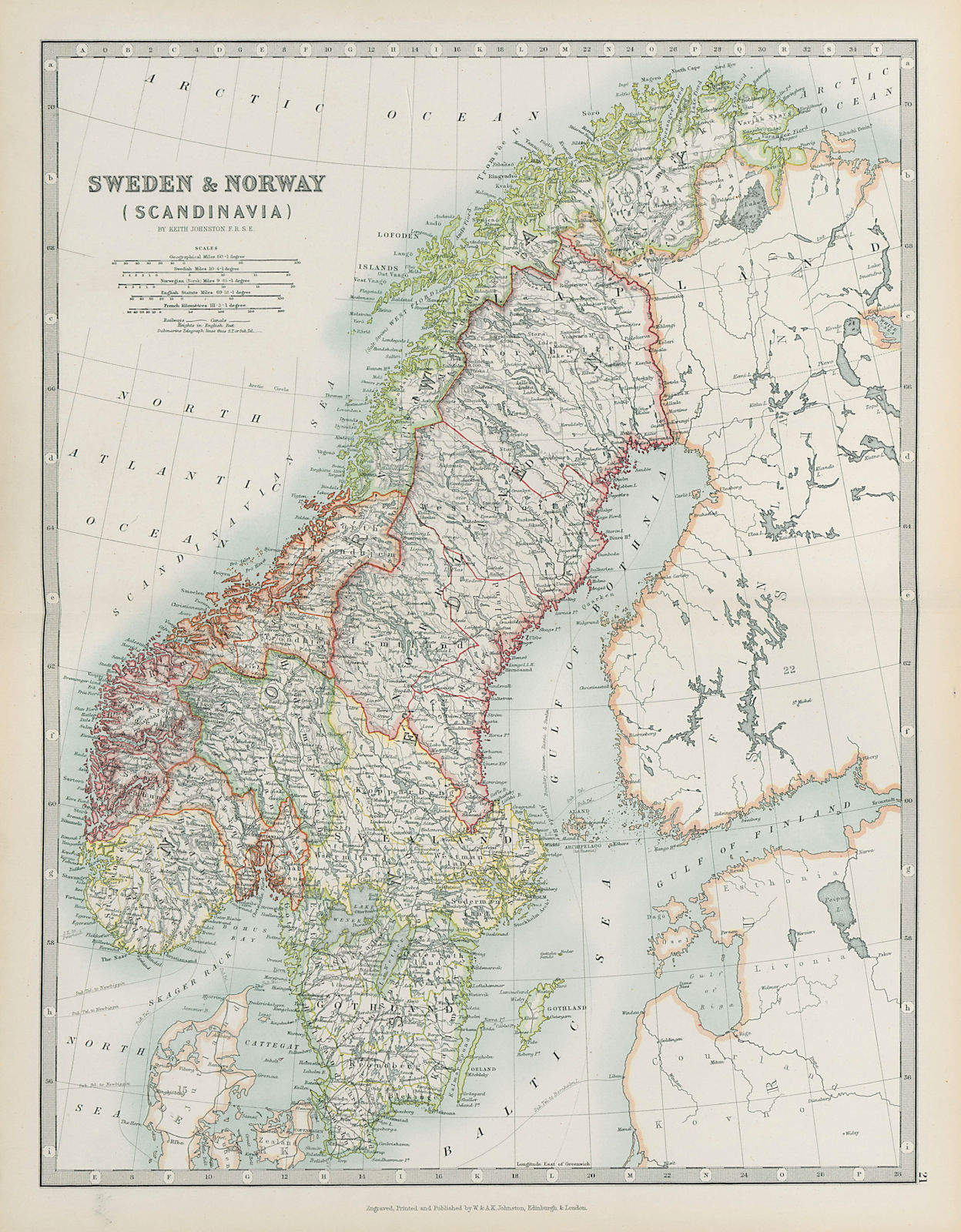 SCANDINAVIA Sweden & Norway Railways & Canals JOHNSTON 1901 old antique map