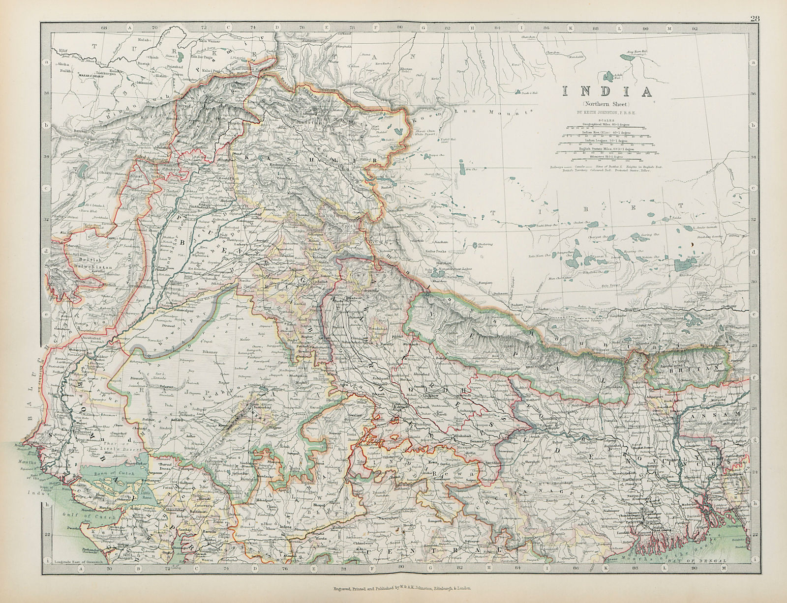 BRITISH INDIA NORTH Bengal Kashmir &c Railways Bhutan Nepal JOHNSTON 1901 map