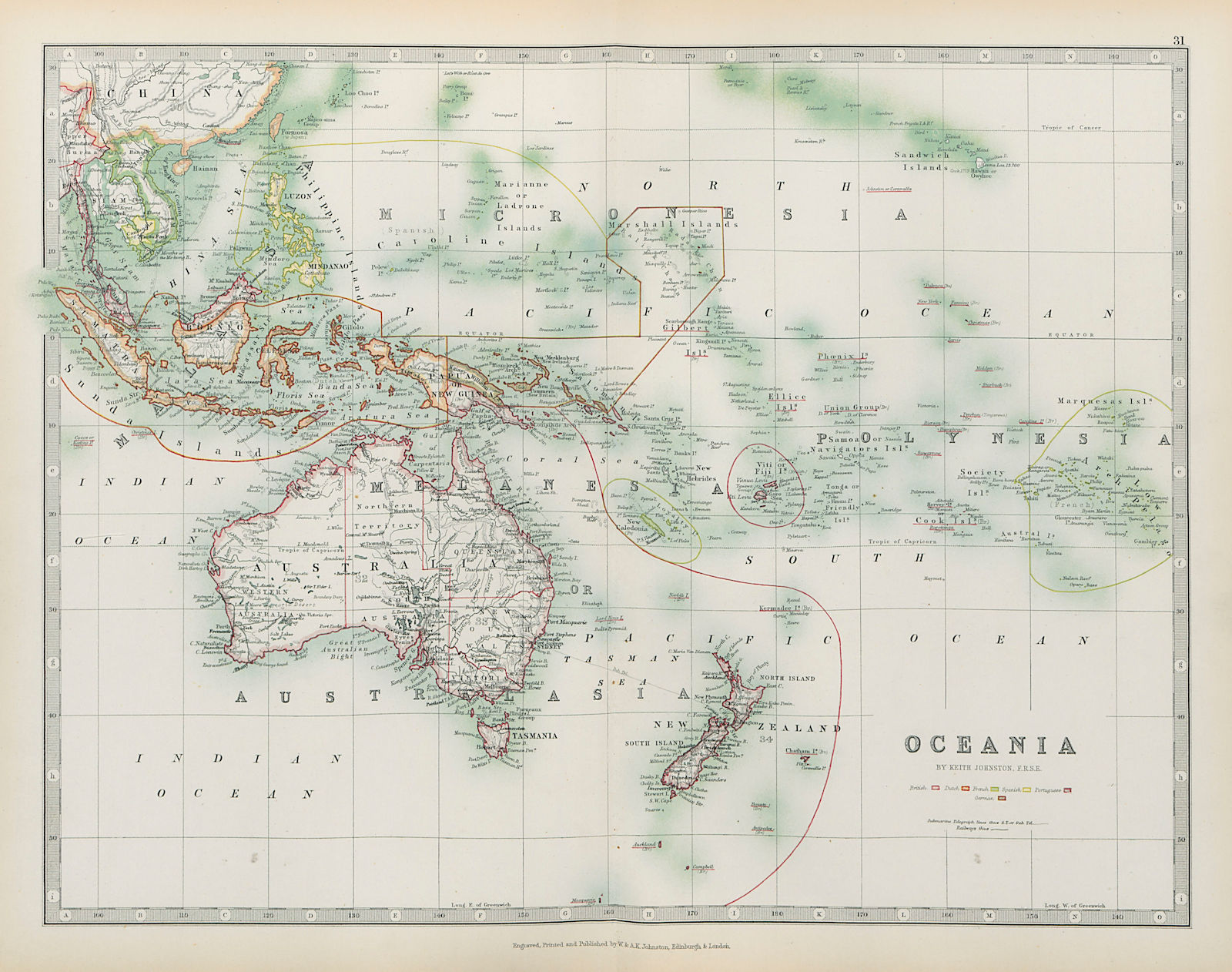 COLONIAL OCEANIA Australasia Pacific British Dutch French US JOHNSTON 1901 map